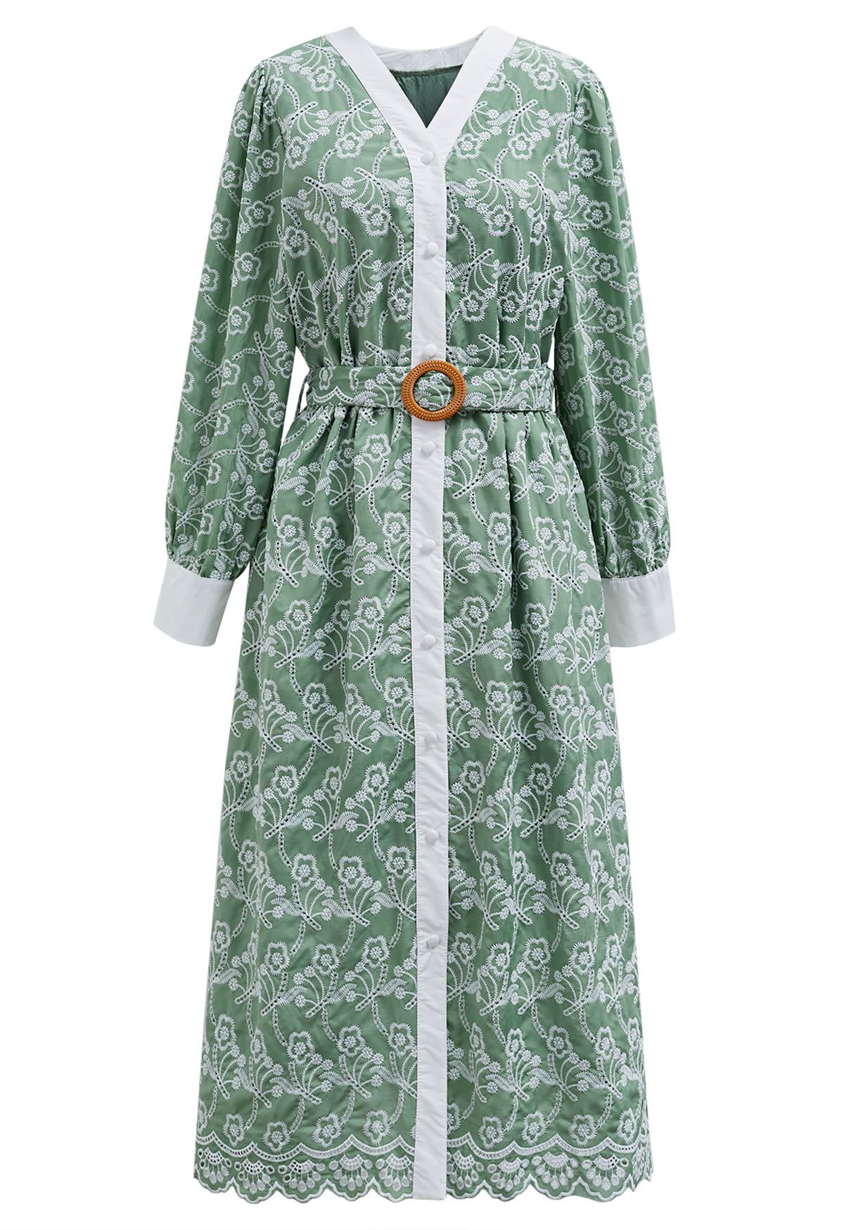 Dancing Floret Embroidered Button Down Dress in Green