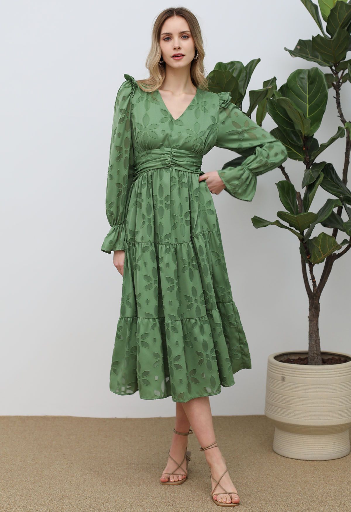 Burnout Floral Ruched Waist Chiffon Midi Dress in Green