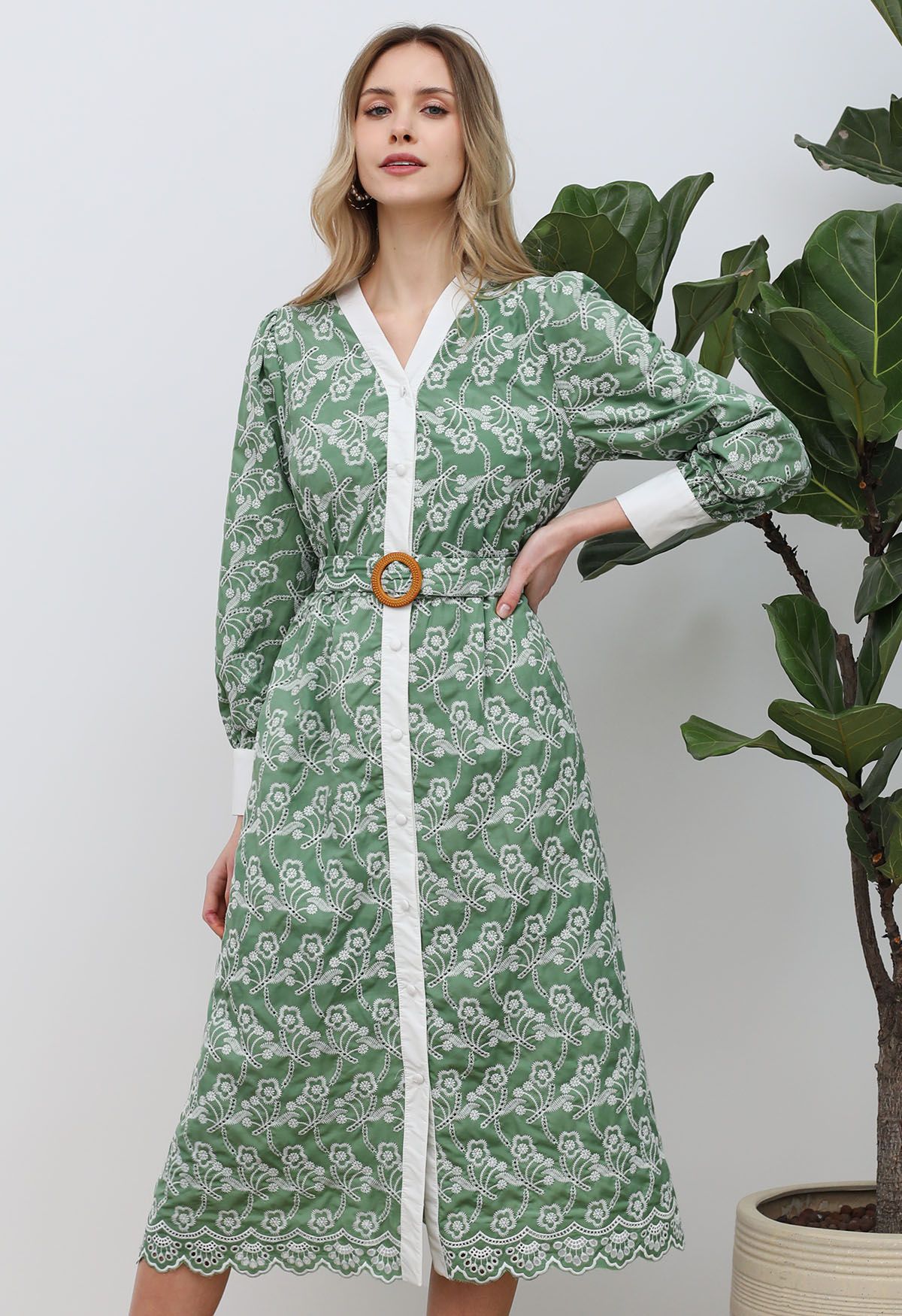 Dancing Floret Embroidered Button Down Dress in Green