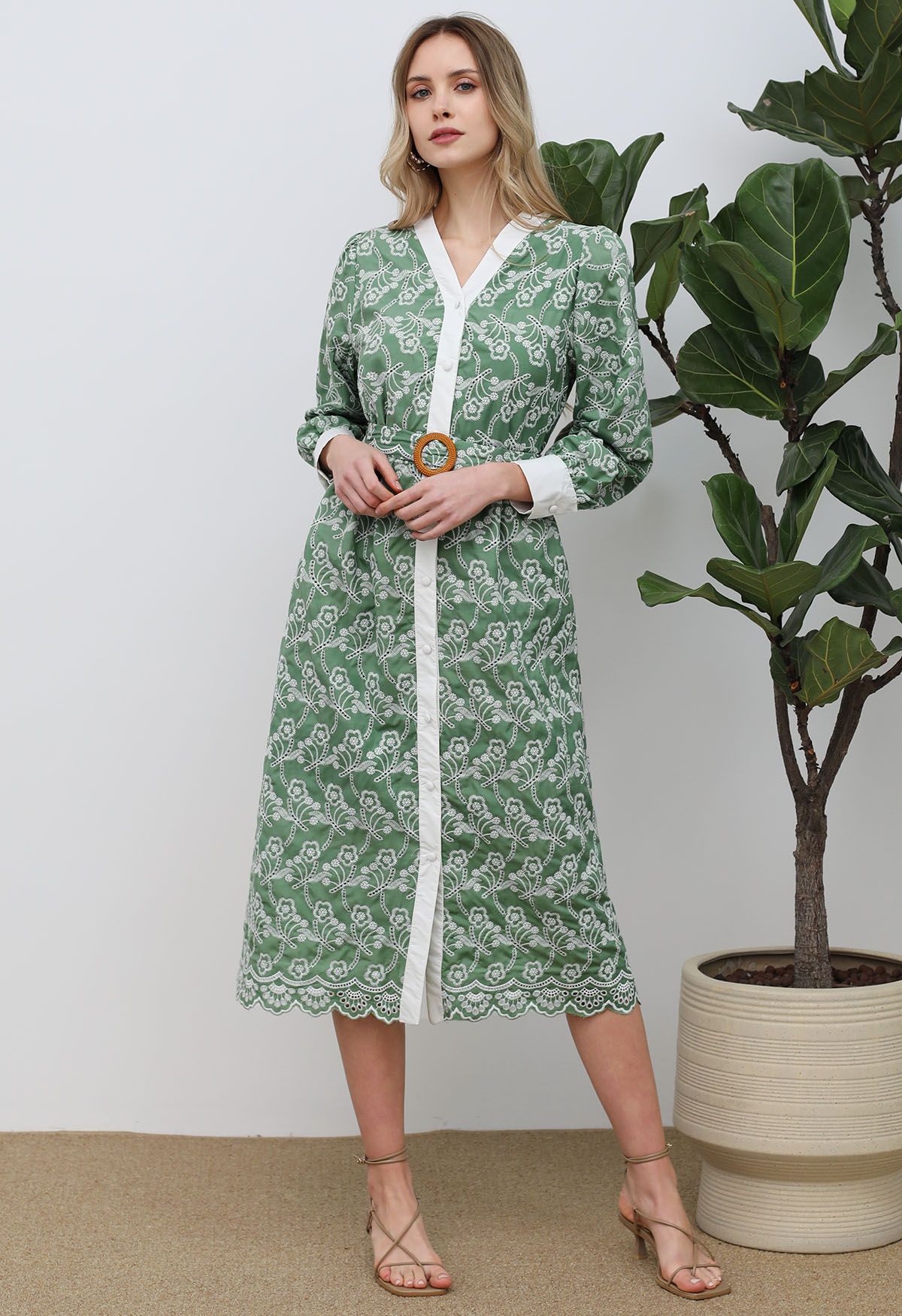 Dancing Floret Embroidered Button Down Dress in Green