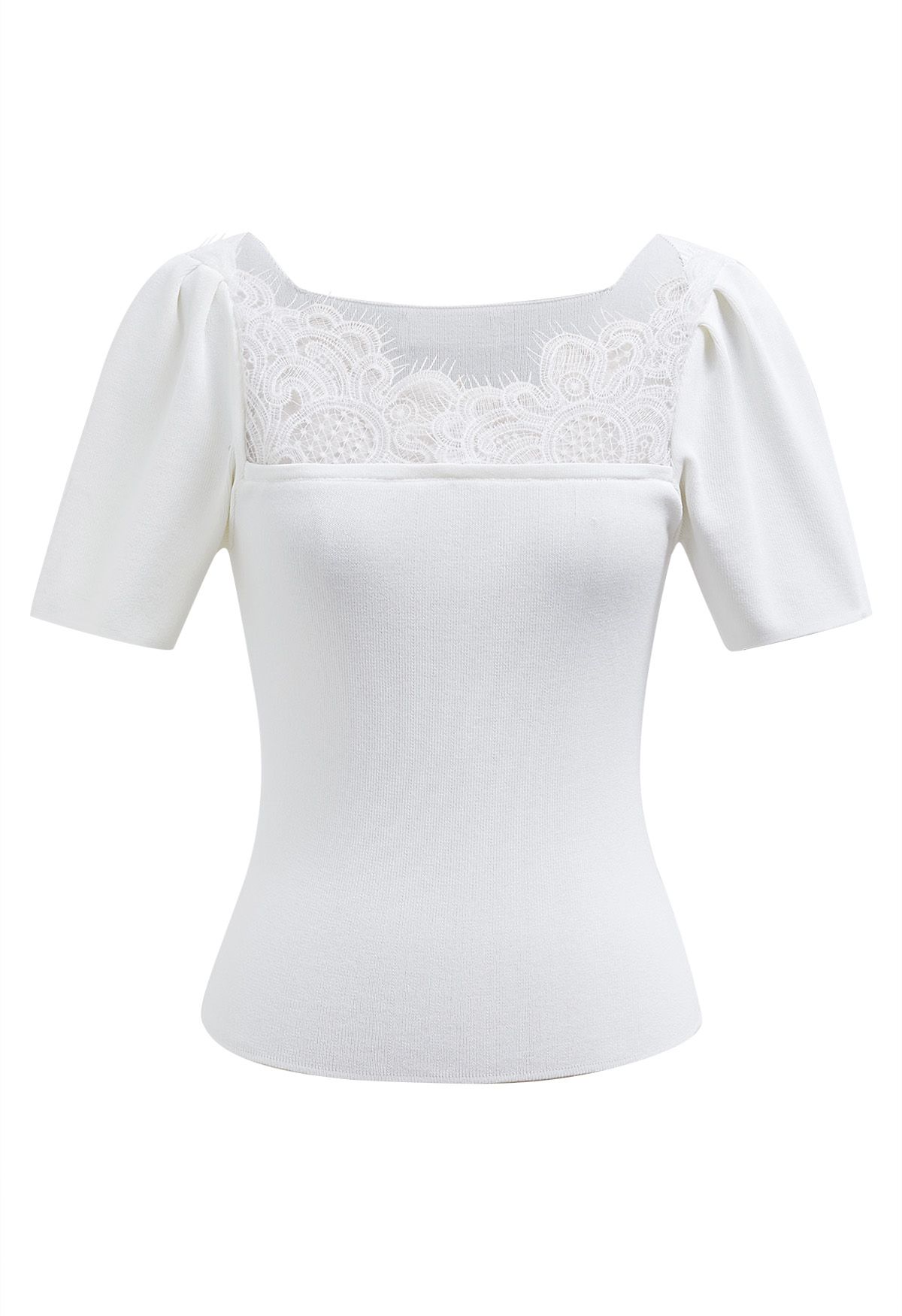 Lace Spliced Square Neckline Knit Top in White