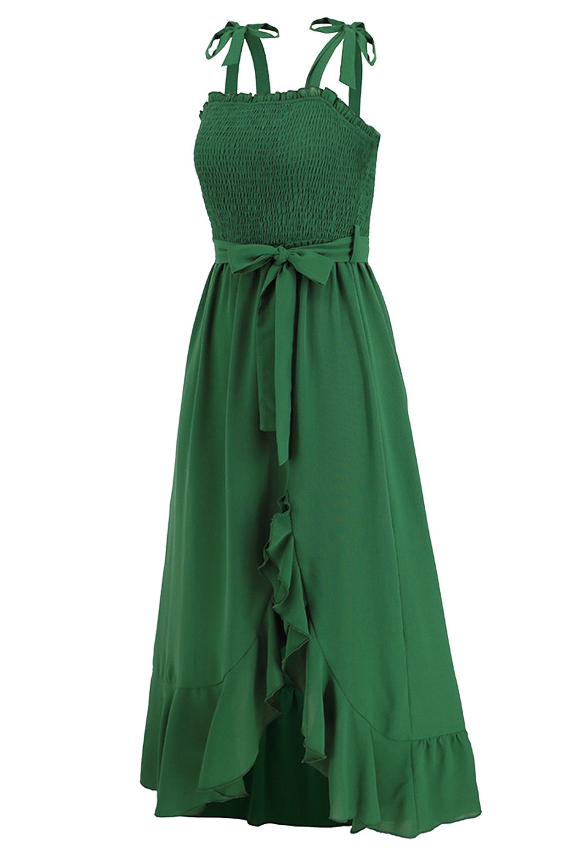 Irregular Ruffle Hem Tie-Strap Midi Dress in Green