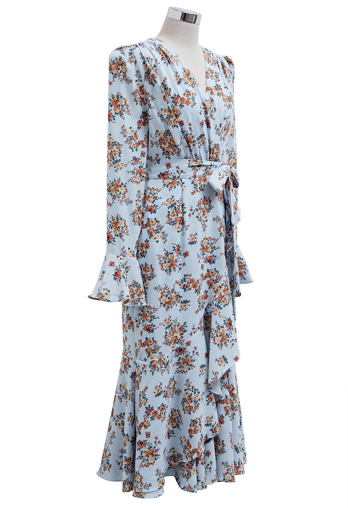 Floral Romance Faux-Wrap Frilling Midi Dress in Blue