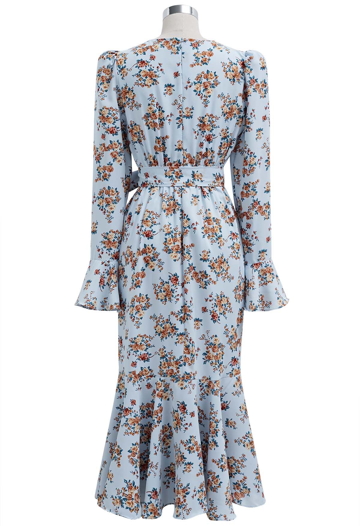 Floral Romance Faux-Wrap Frilling Midi Dress in Blue