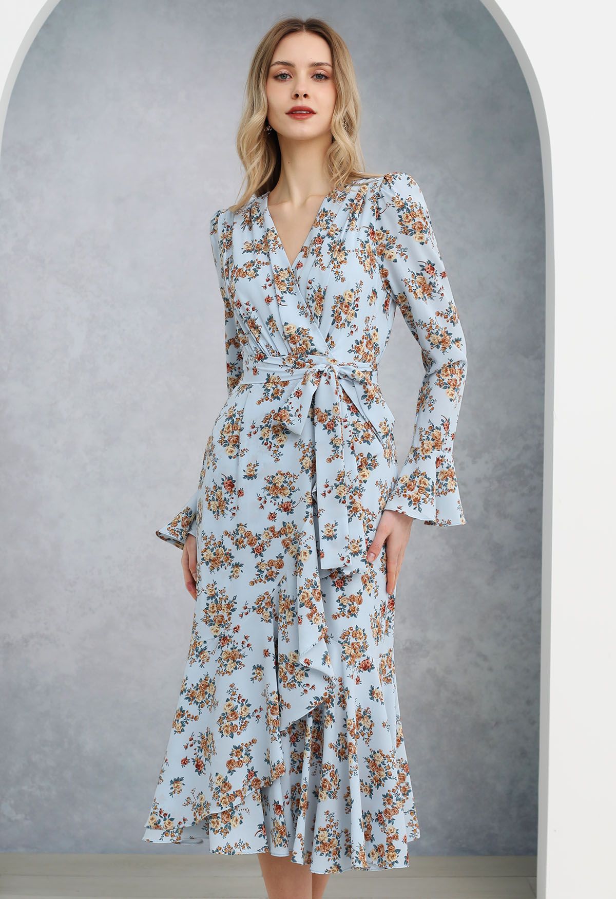 Floral Romance Faux-Wrap Frilling Midi Dress in Blue