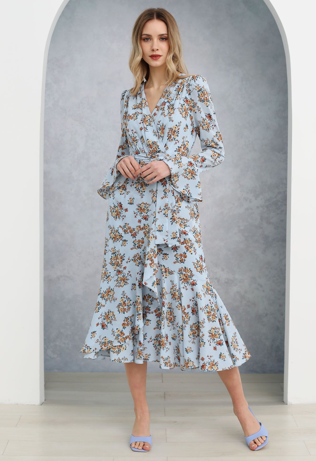 Floral Romance Faux-Wrap Frilling Midi Dress in Blue