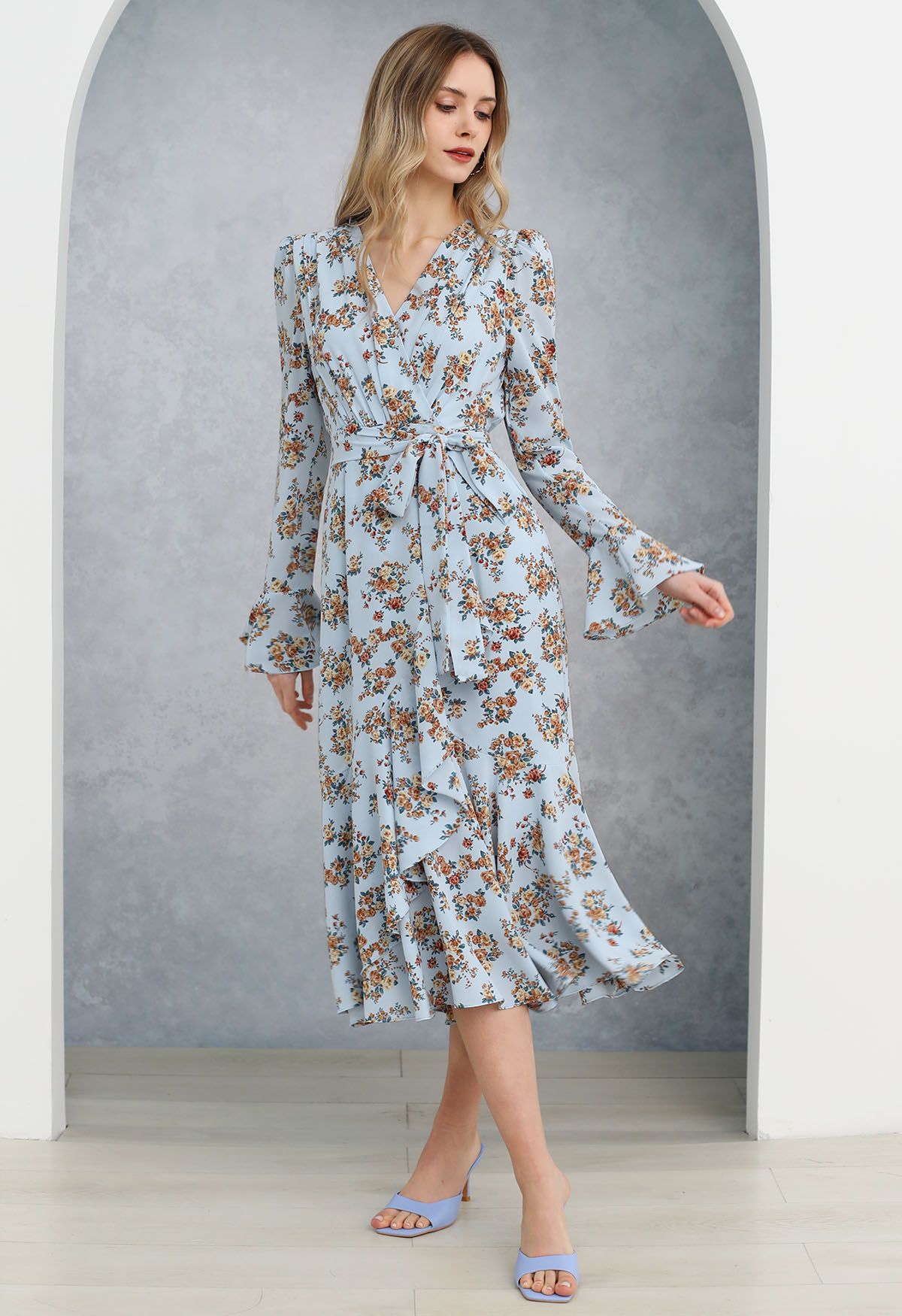 Floral Romance Faux-Wrap Frilling Midi Dress in Blue