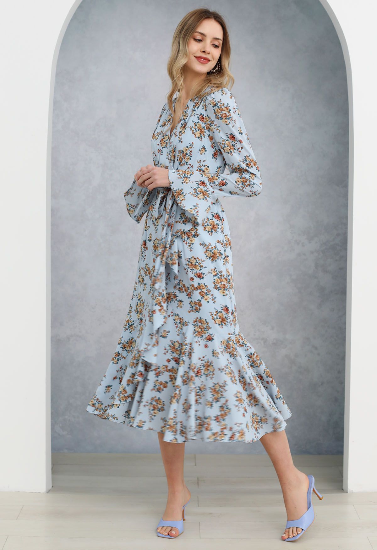 Floral Romance Faux-Wrap Frilling Midi Dress in Blue