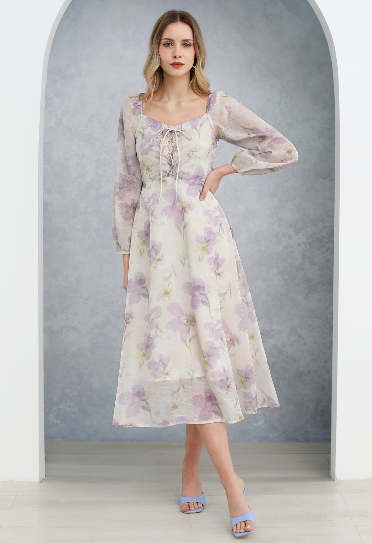 Step into Spring Floral Chiffon Midi Dress in Lilac