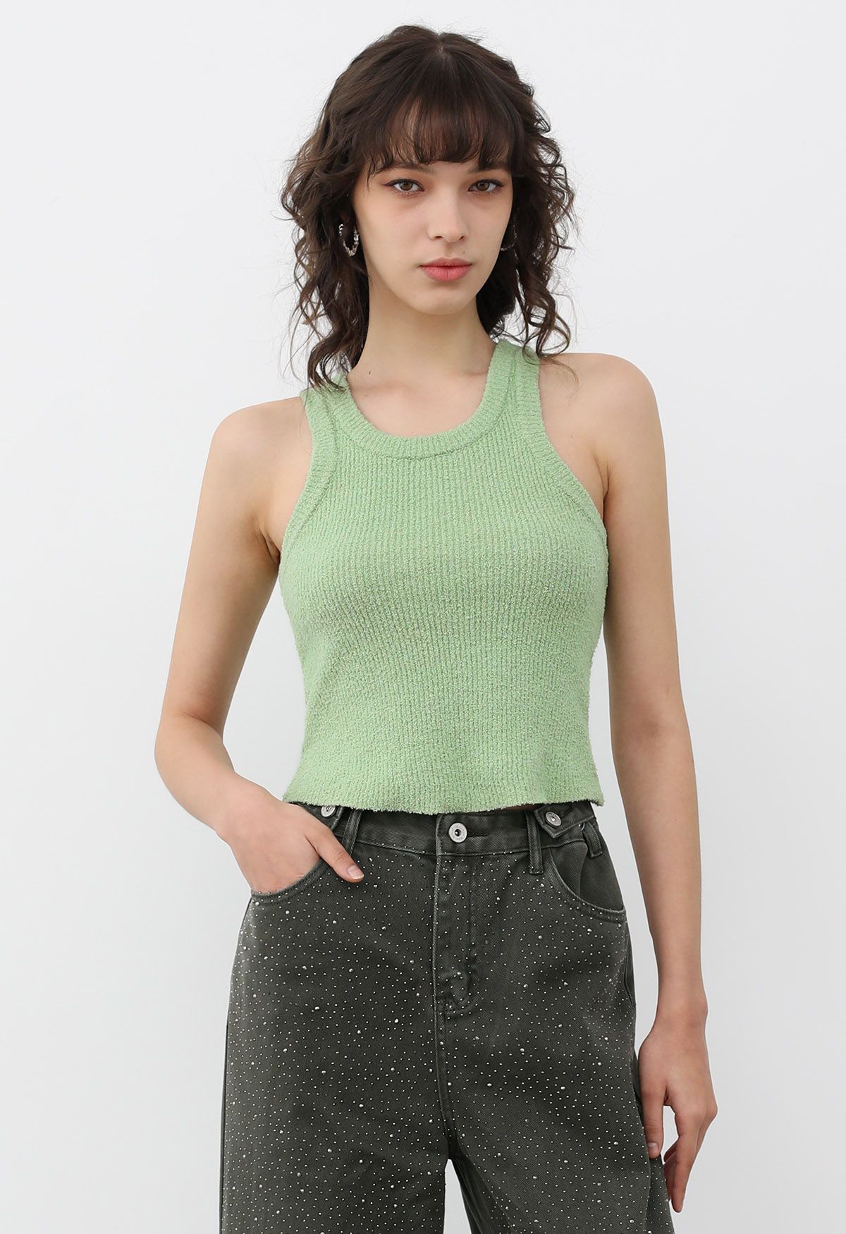 Solid Cropped Knit Tank Top in Pistachio