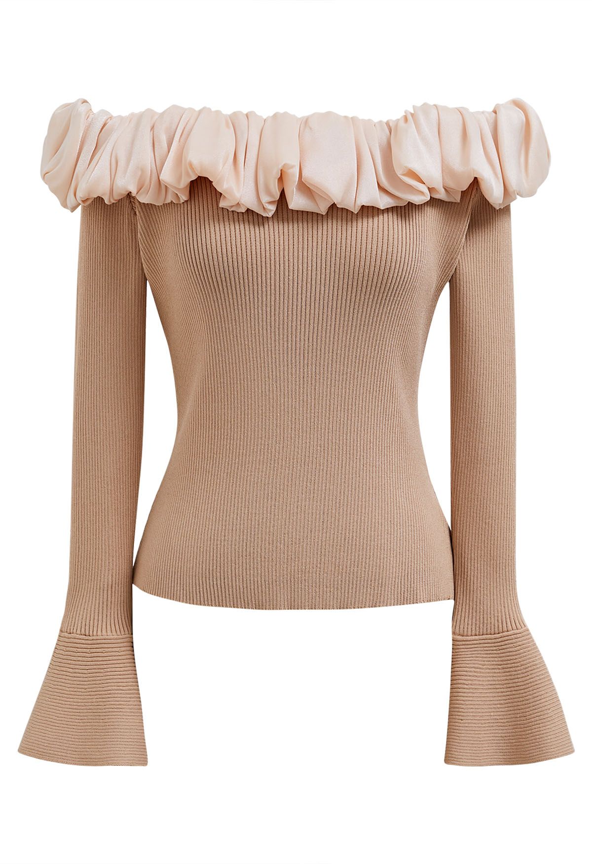 Ruched Organza Flare Cuffs Knit Top in Dusty Pink