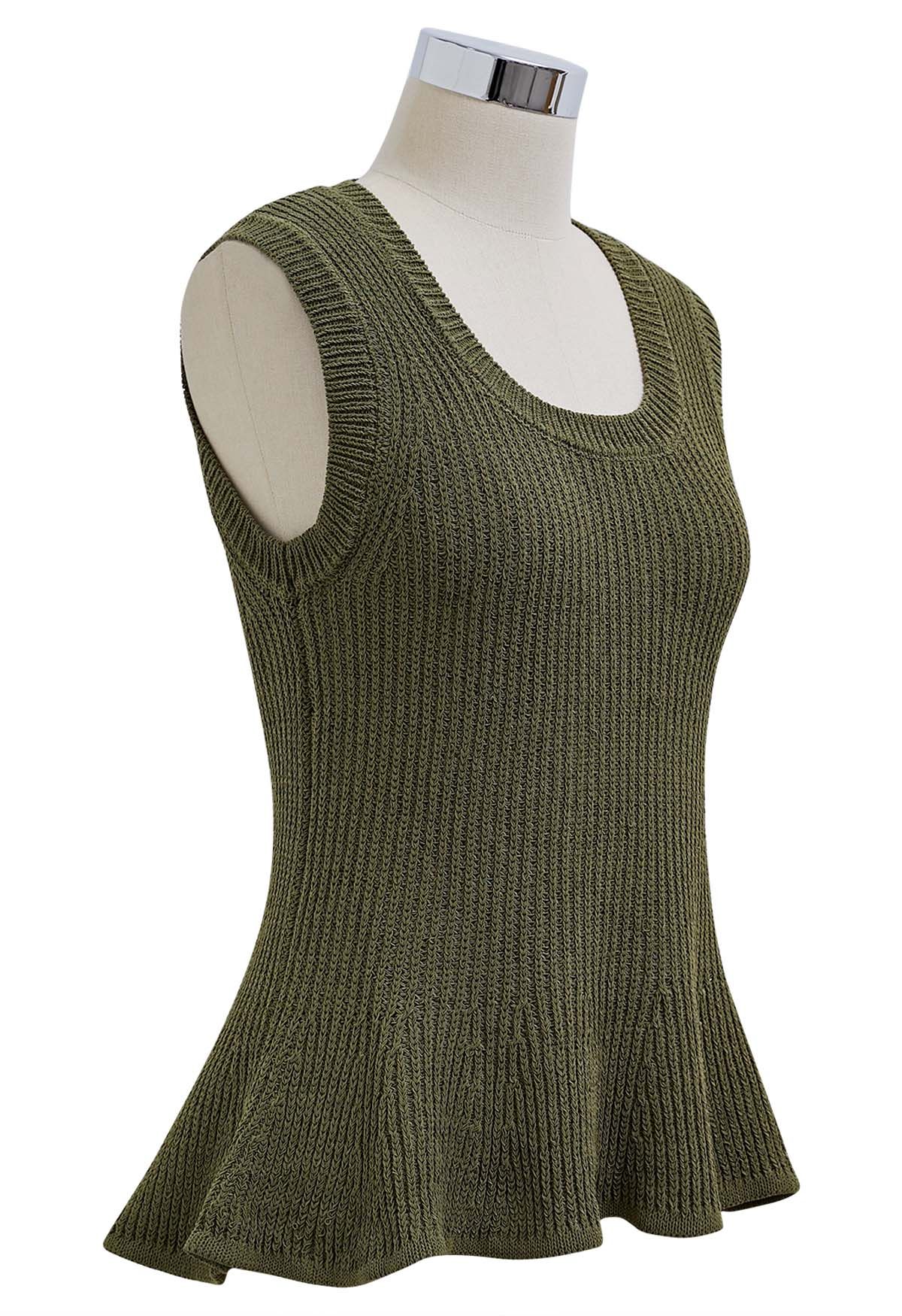 Scoop Neck Ruffle Hem Sleeveless Knit Top in Olive