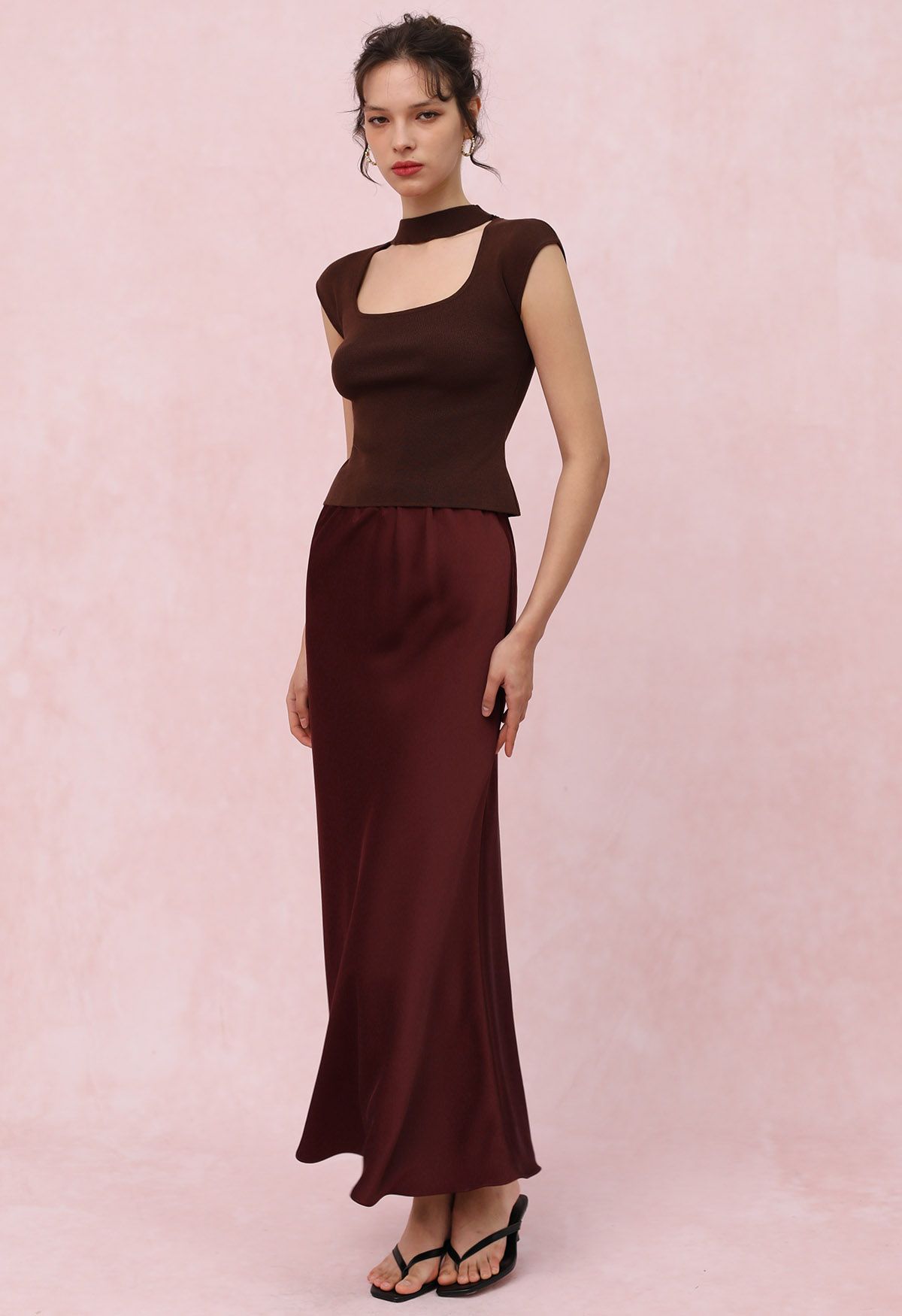 Satin Finish Mermaid Maxi Skirt in Burgundy