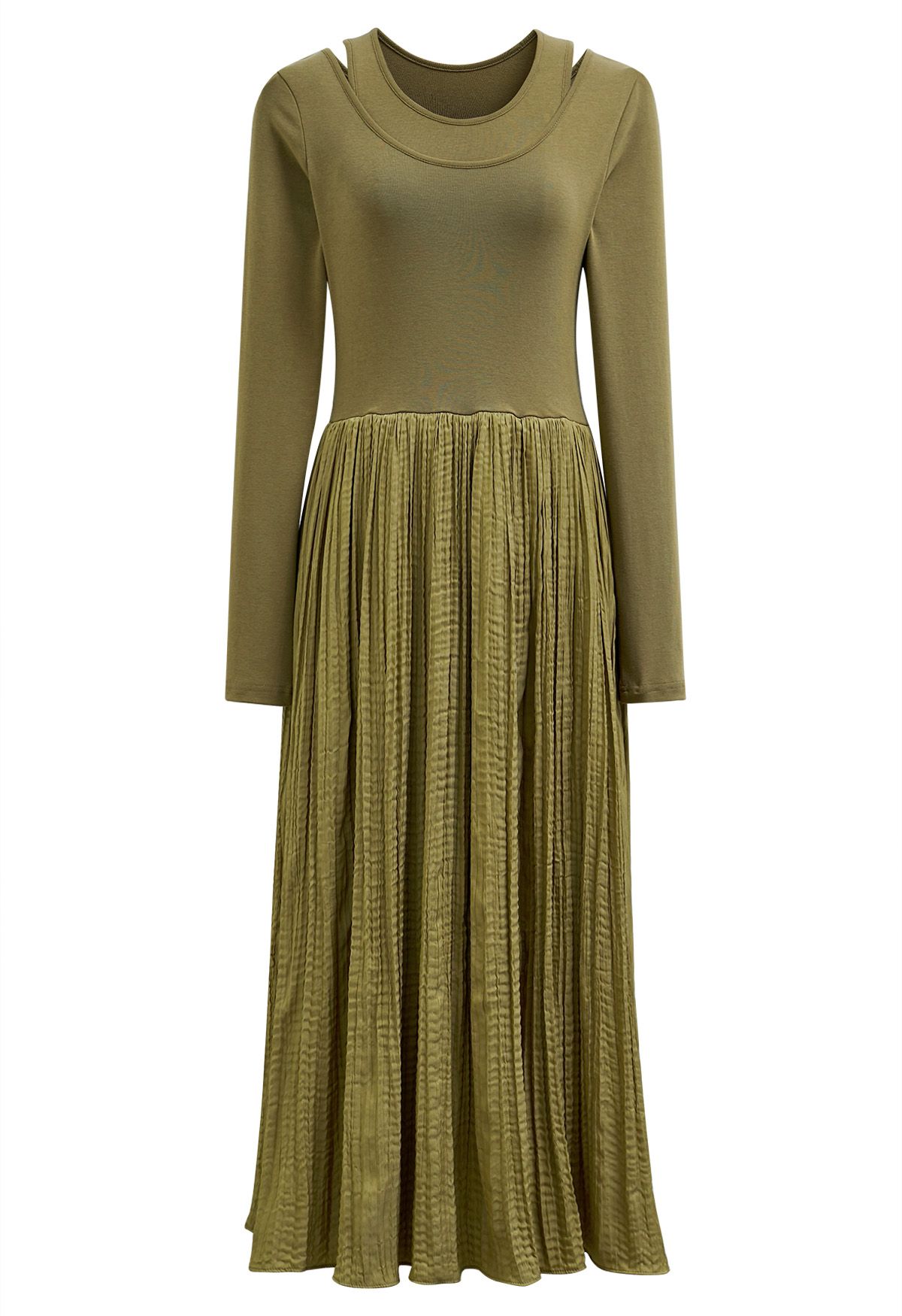 Fake Two-Piece Spliced Midi Dress in Moss Green