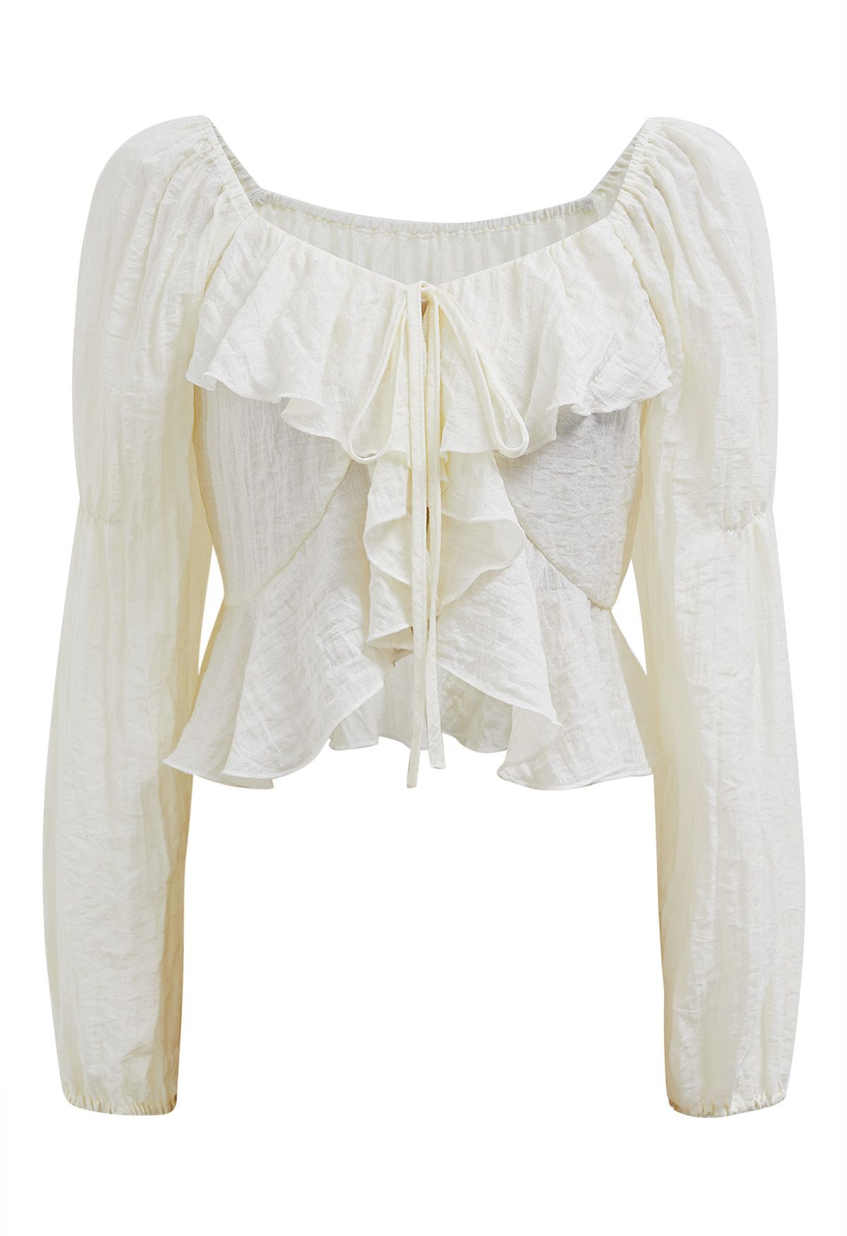 Ruffle Tie-Front Crop Top in Cream