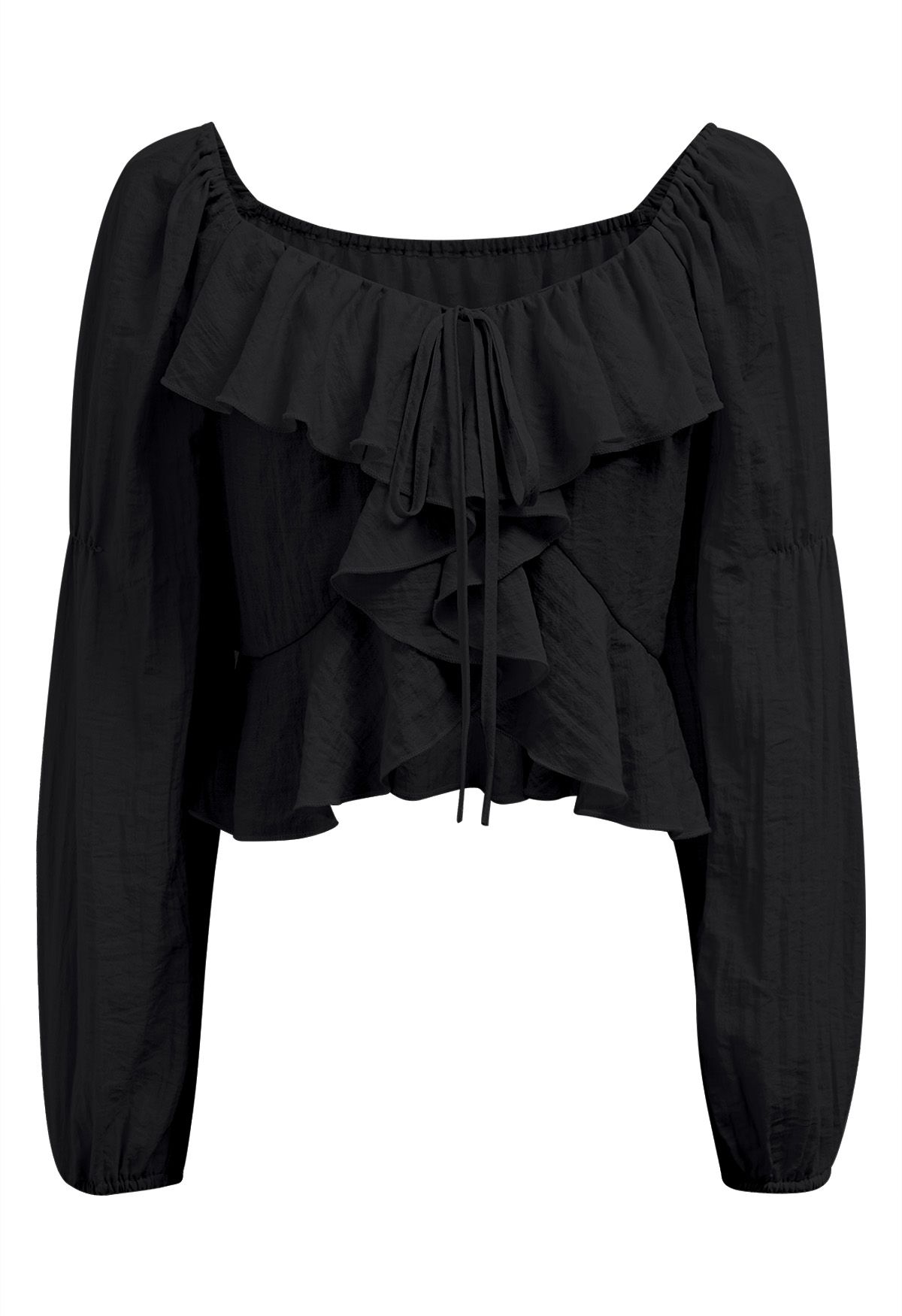 Ruffle Tie-Front Crop Top in Black