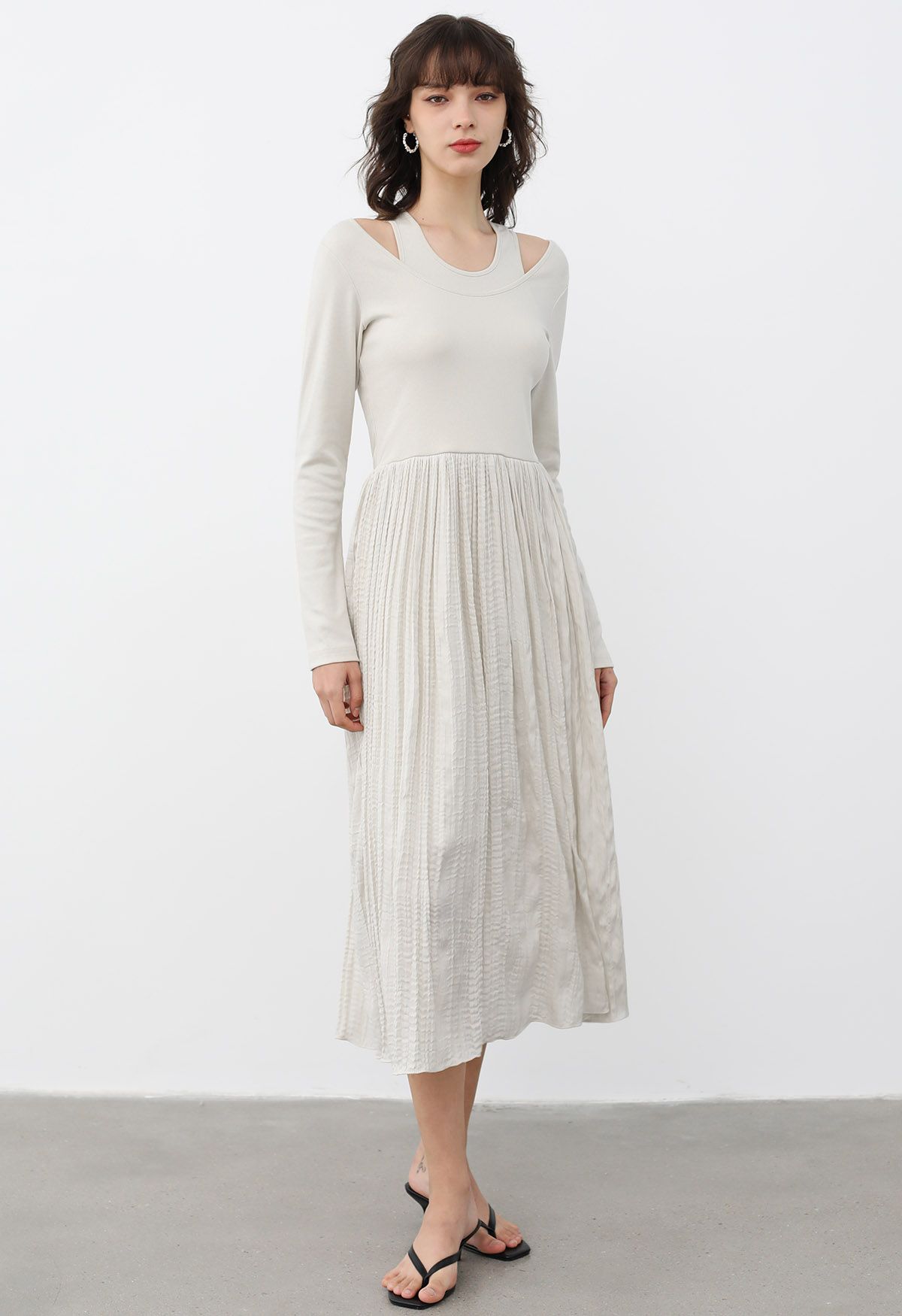 Fake Two-Piece Spliced Midi Dress in Ivory