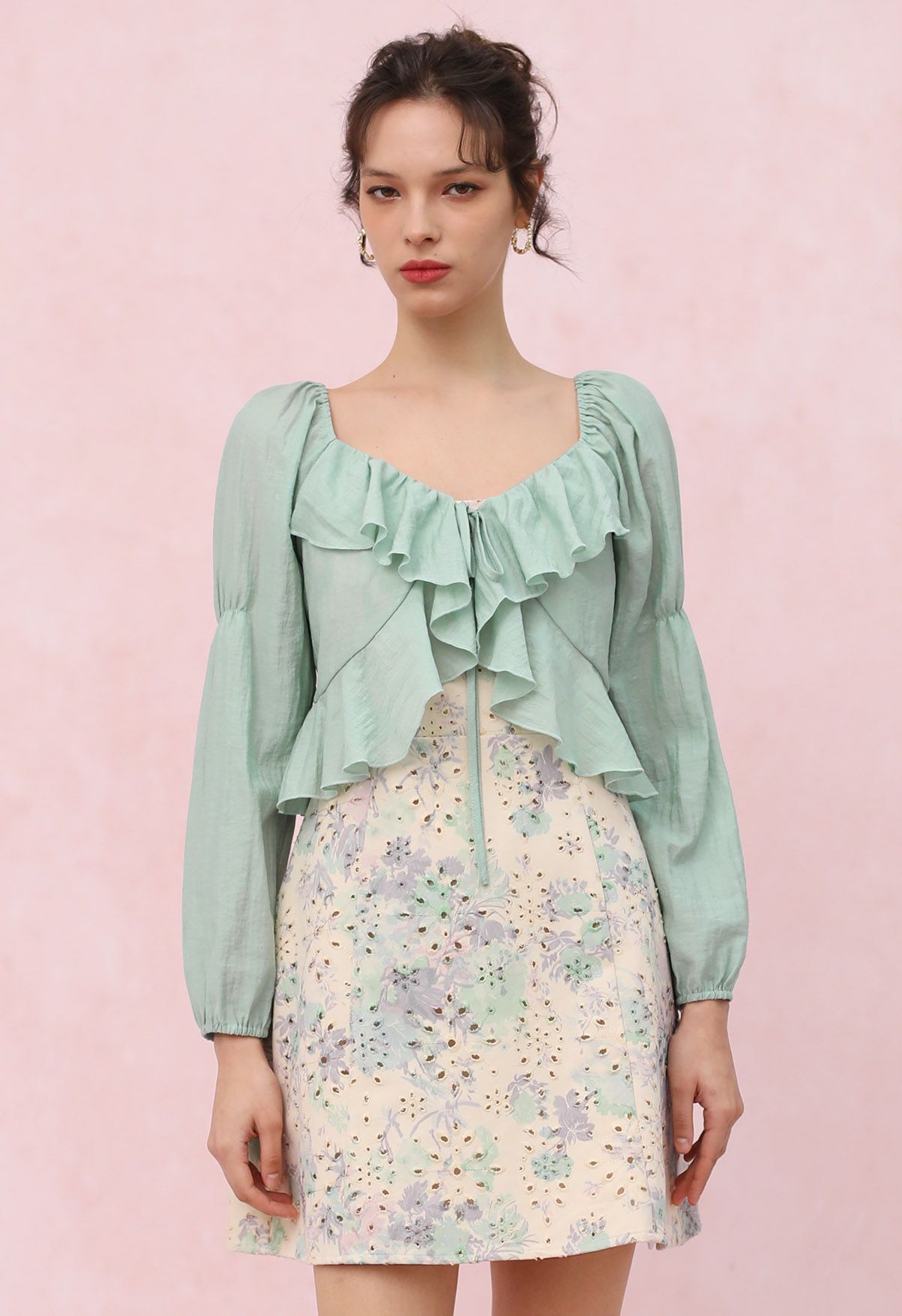 Ruffle Tie-Front Crop Top in Mint