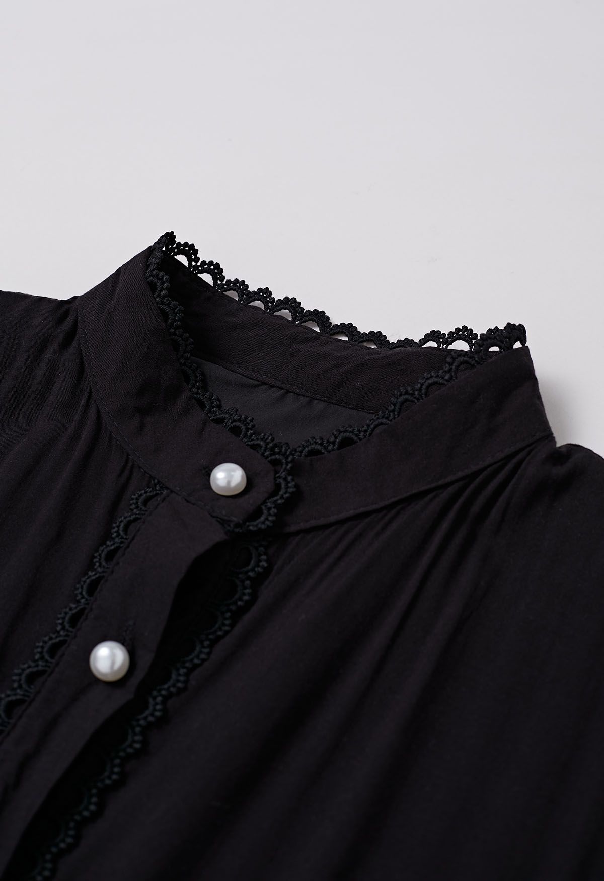 Crochet Panelled Tie-Waist Button Down Dress in Black