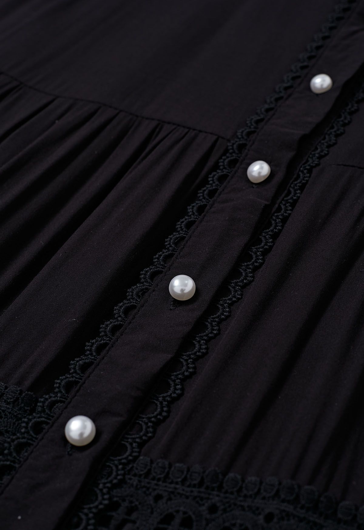 Crochet Panelled Tie-Waist Button Down Dress in Black