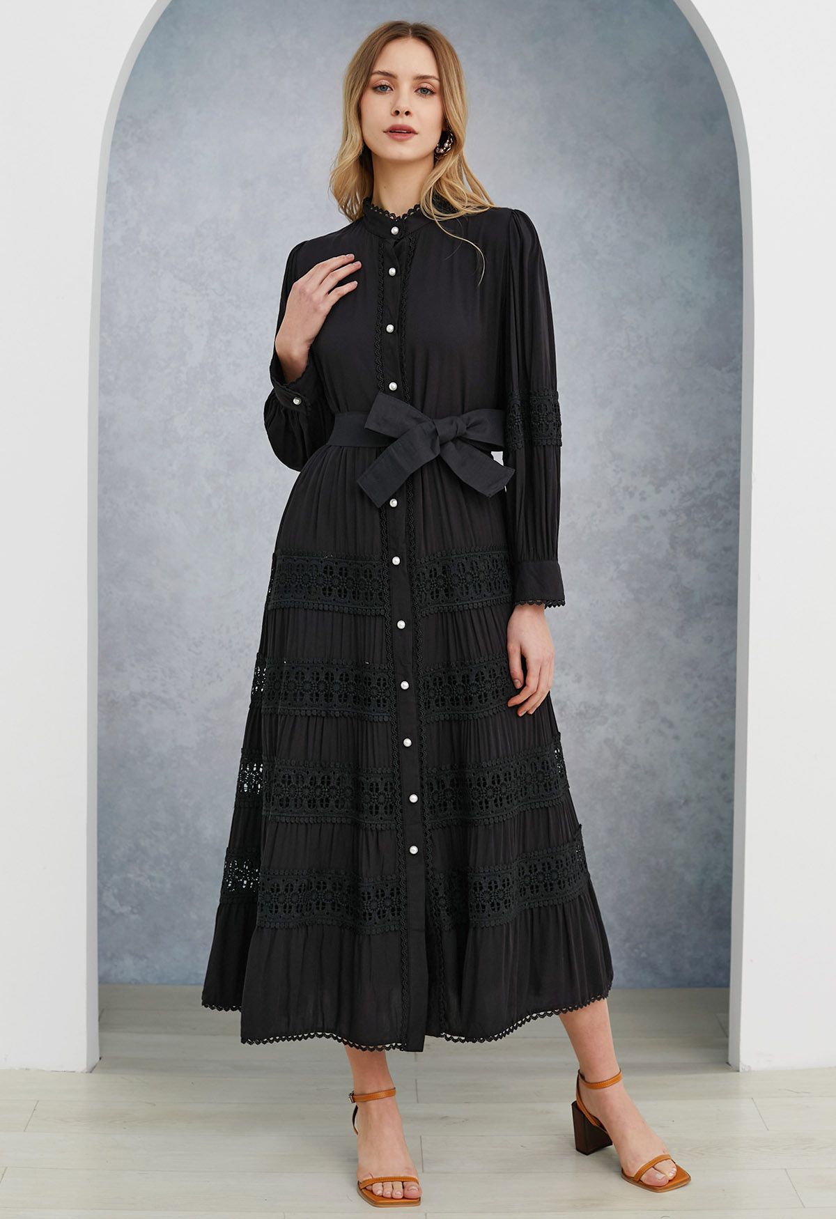 Crochet Panelled Tie-Waist Button Down Dress in Black