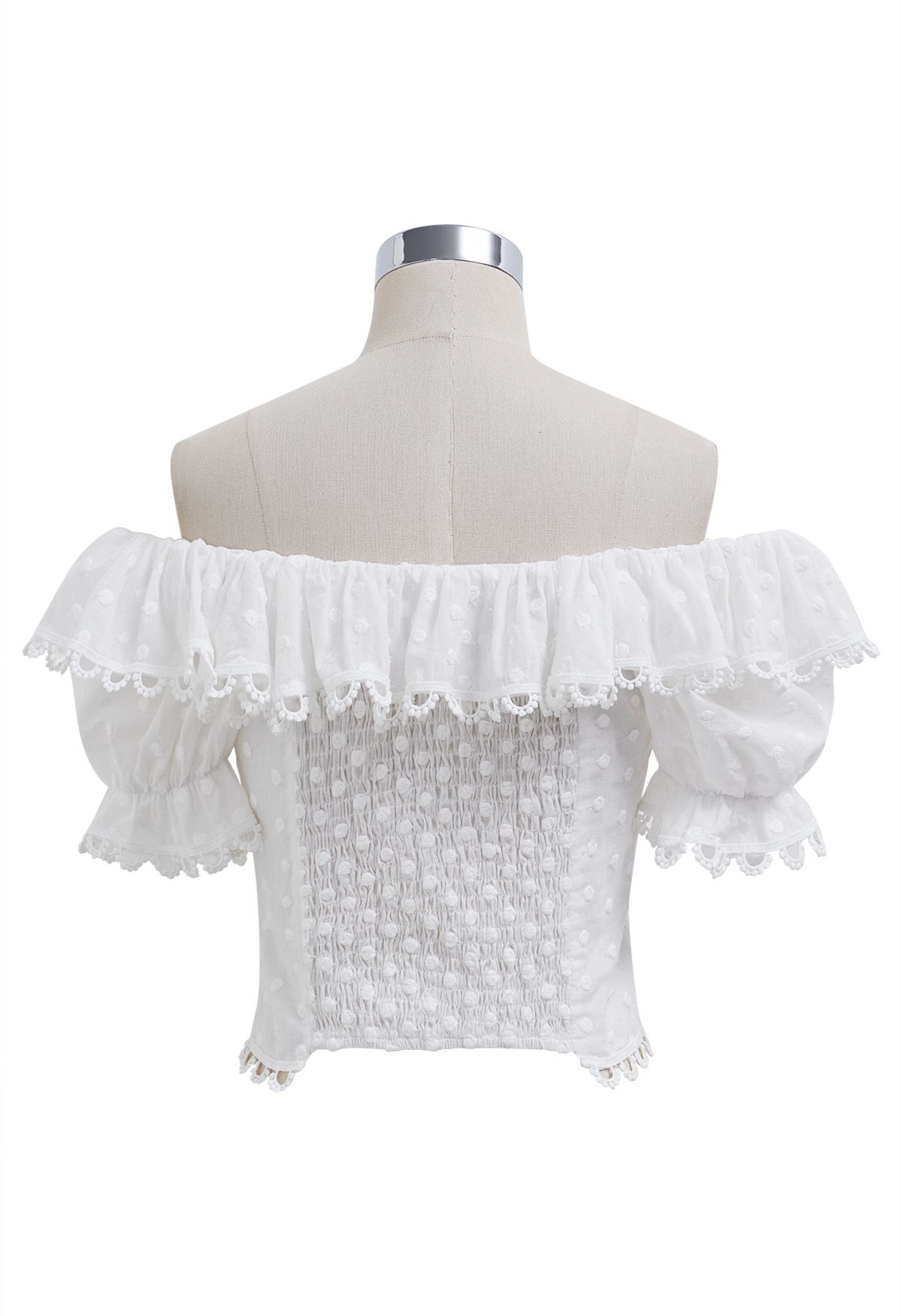 Crochet Edge Dotted Off-Shoulder Crop Top in White