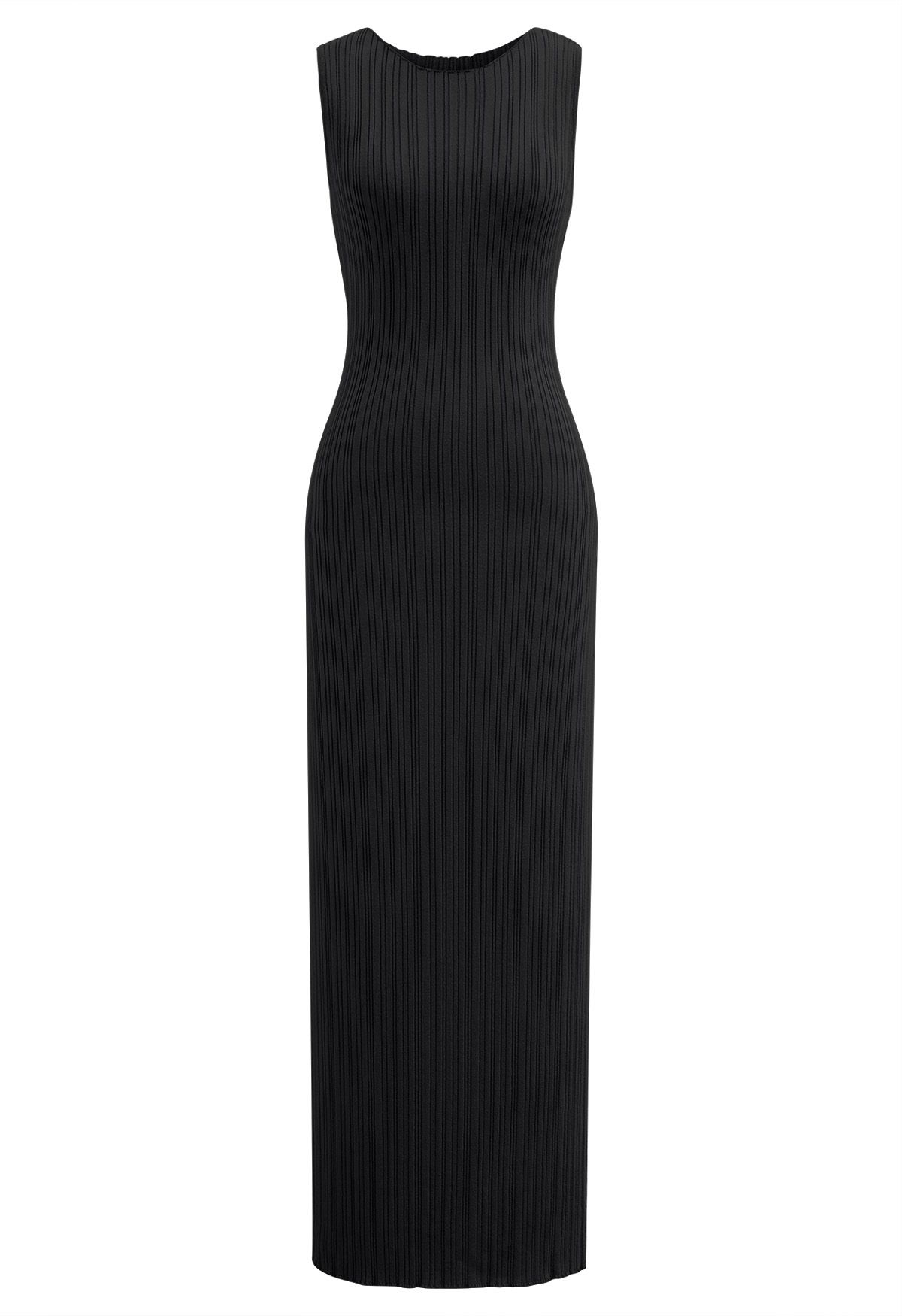 Slit Back Bodycon Sleeveless Knit Maxi Dress in Black