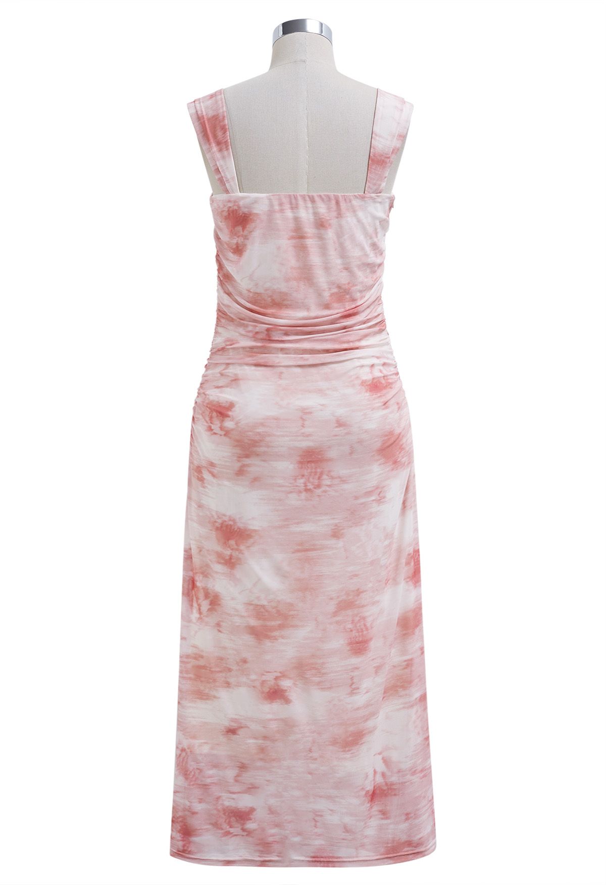 Watercolor Ruched Mesh Wide Strap Midi Dress in Pink