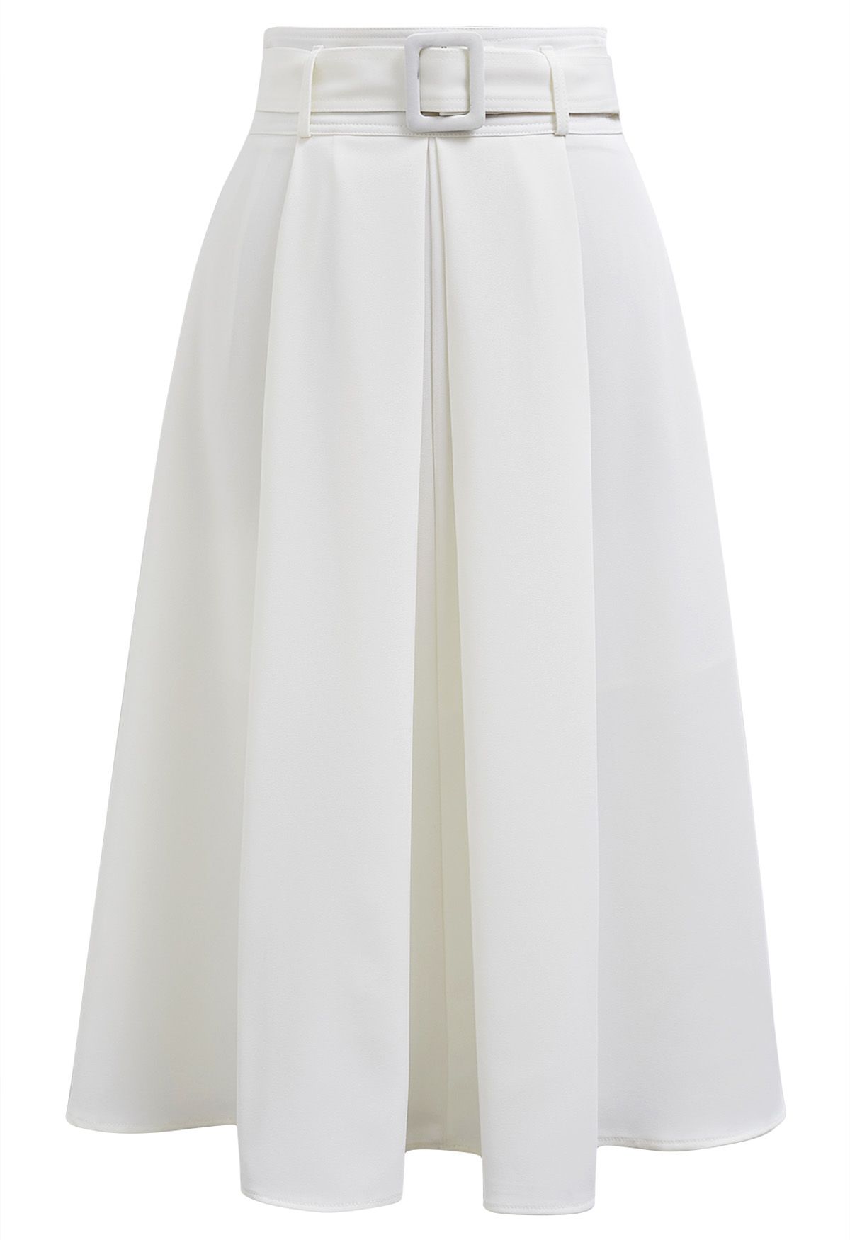 Refined Pleated Belt Midi Skirt in White