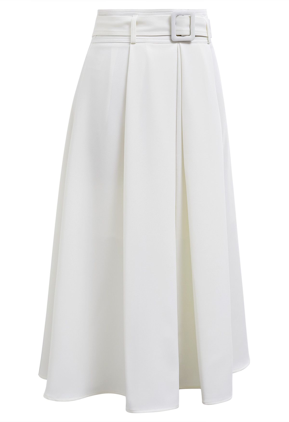 Refined Pleated Belt Midi Skirt in White