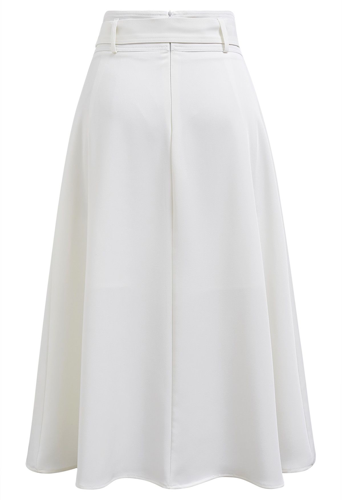 Refined Pleated Belt Midi Skirt in White