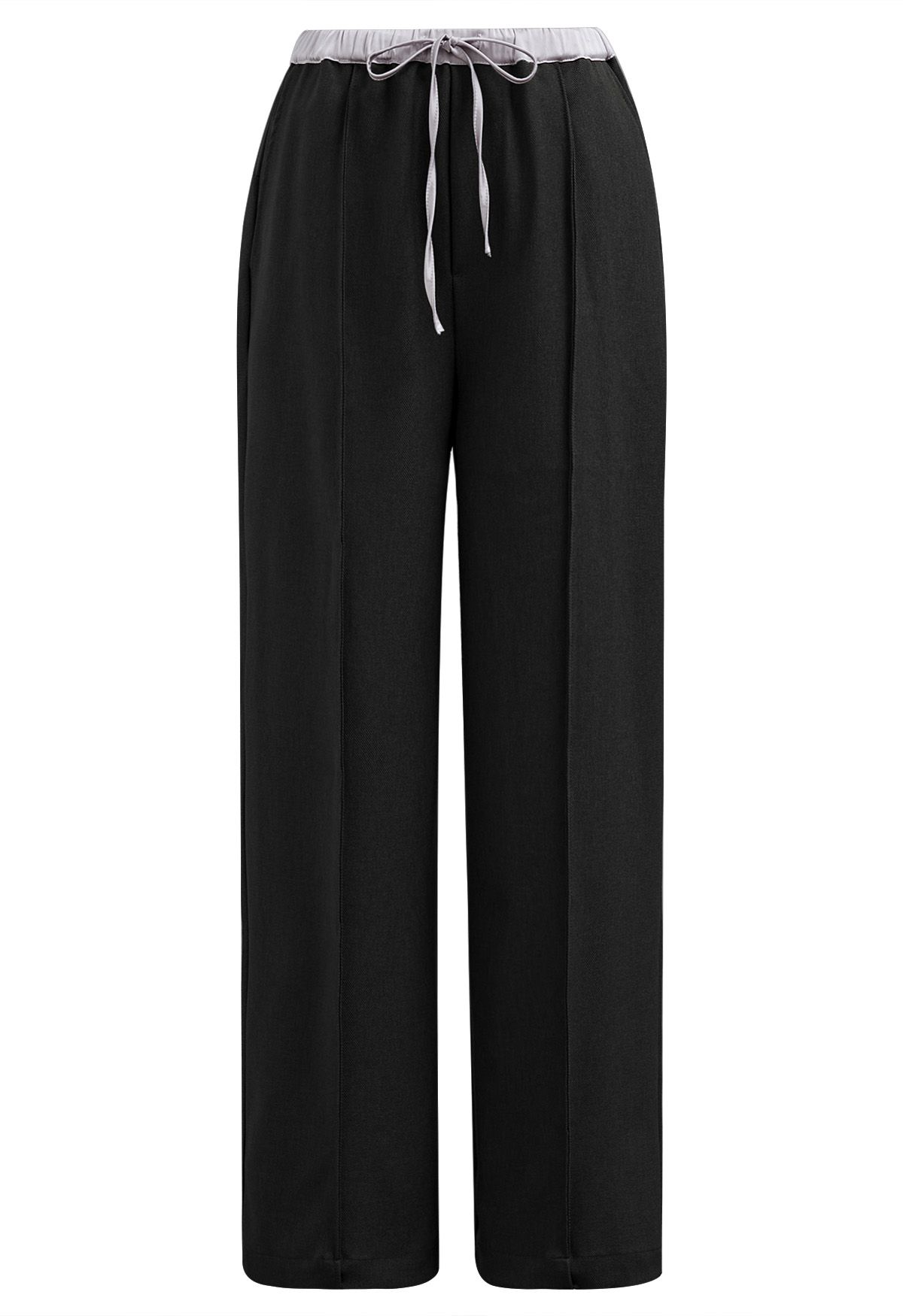 Contrast Waist Seam Detail Straight-Leg Pants in Black