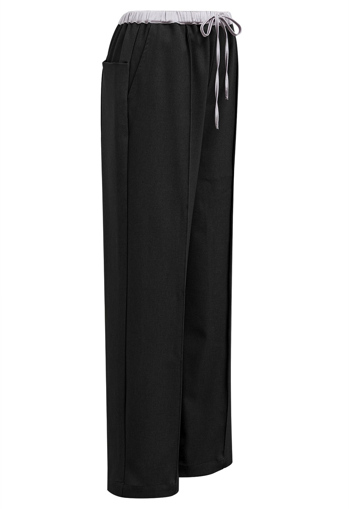 Contrast Waist Seam Detail Straight-Leg Pants in Black