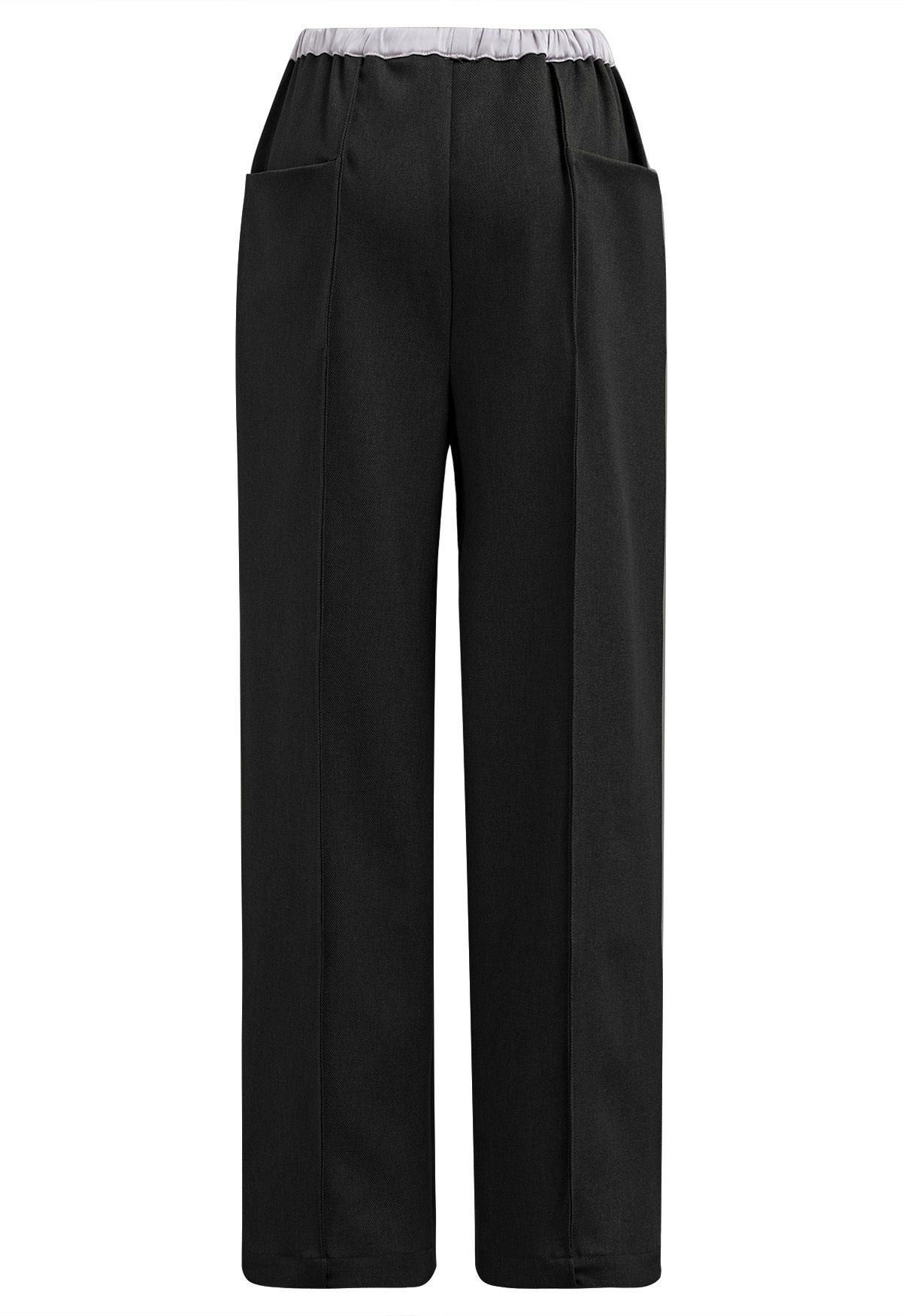 Contrast Waist Seam Detail Straight-Leg Pants in Black