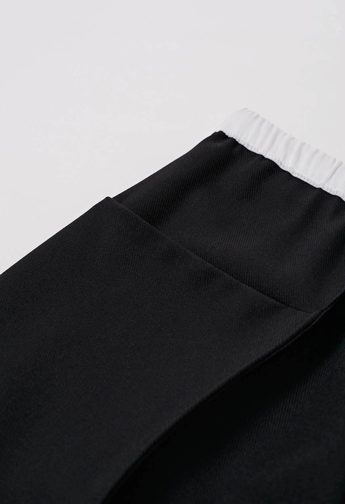 Contrast Waist Seam Detail Straight-Leg Pants in Black