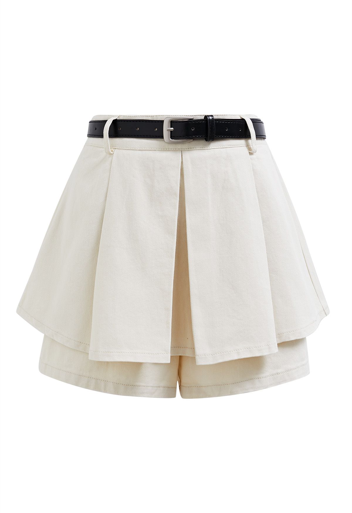 Front Pleated Belt Denim Mini Skorts in Ivory