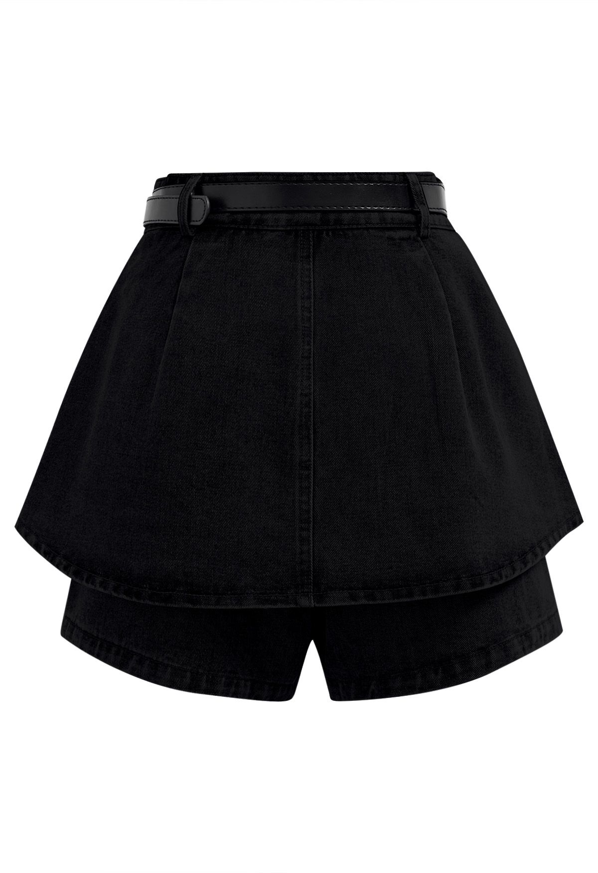 Front Pleated Belt Denim Mini Skorts in Black