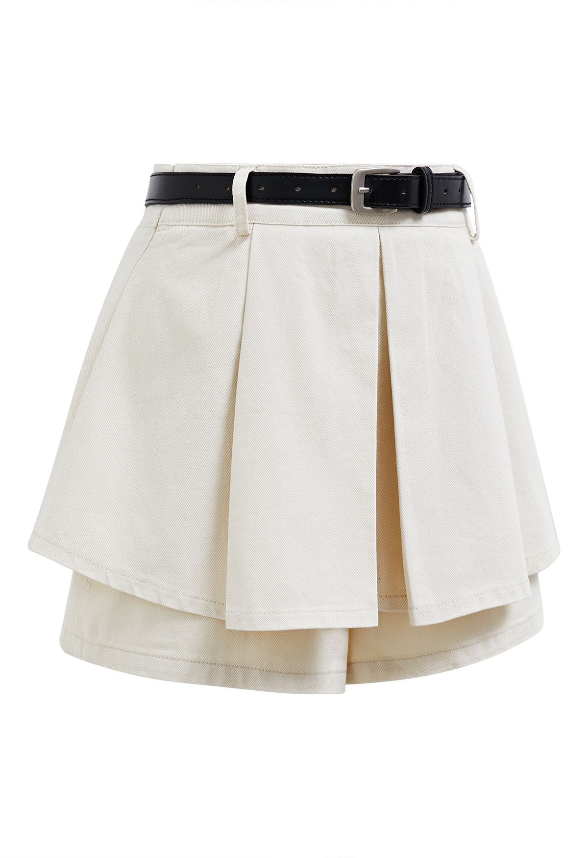 Front Pleated Belt Denim Mini Skorts in Ivory