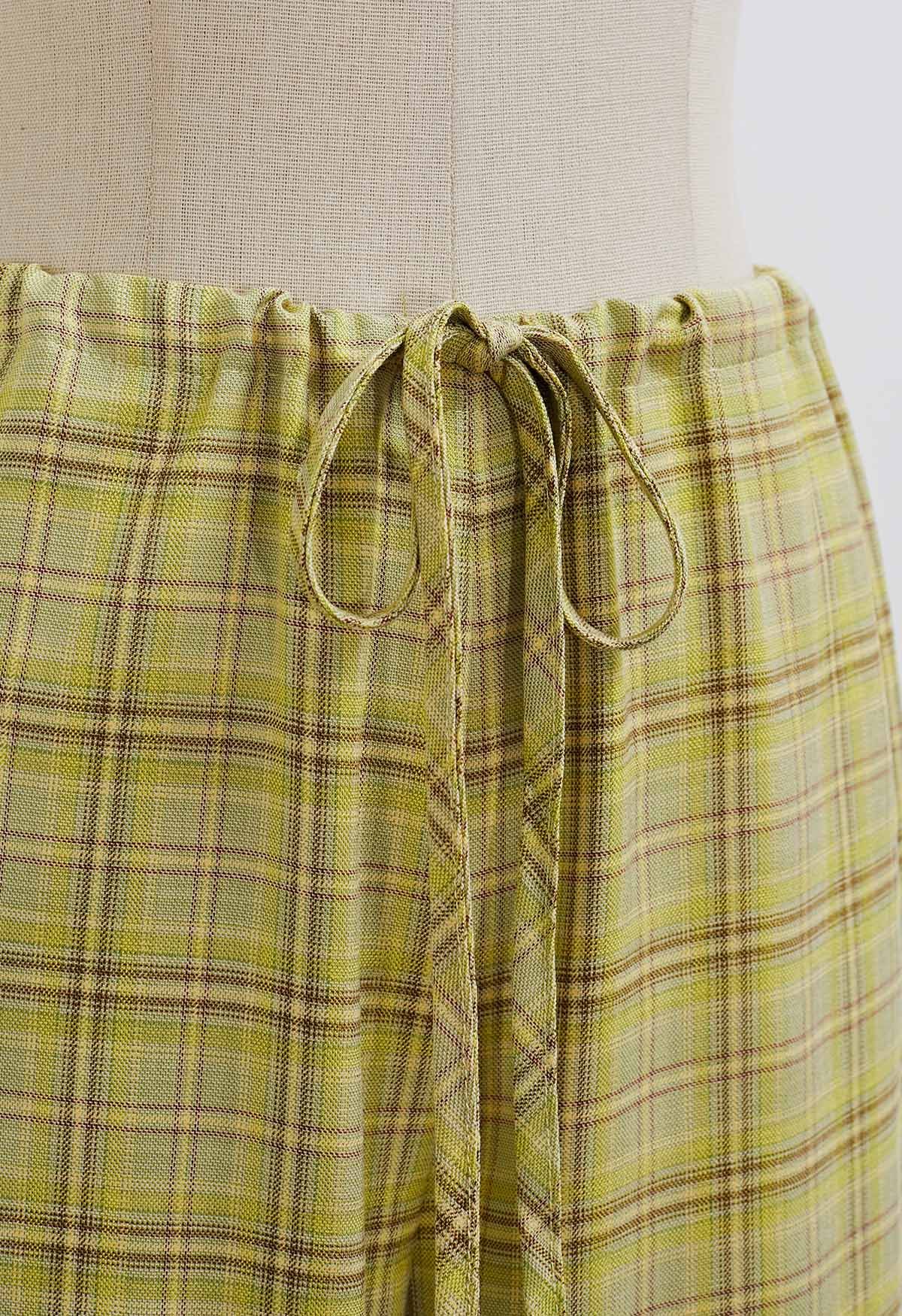 Plaid Pattern Drawstring Waist Pants in Lime