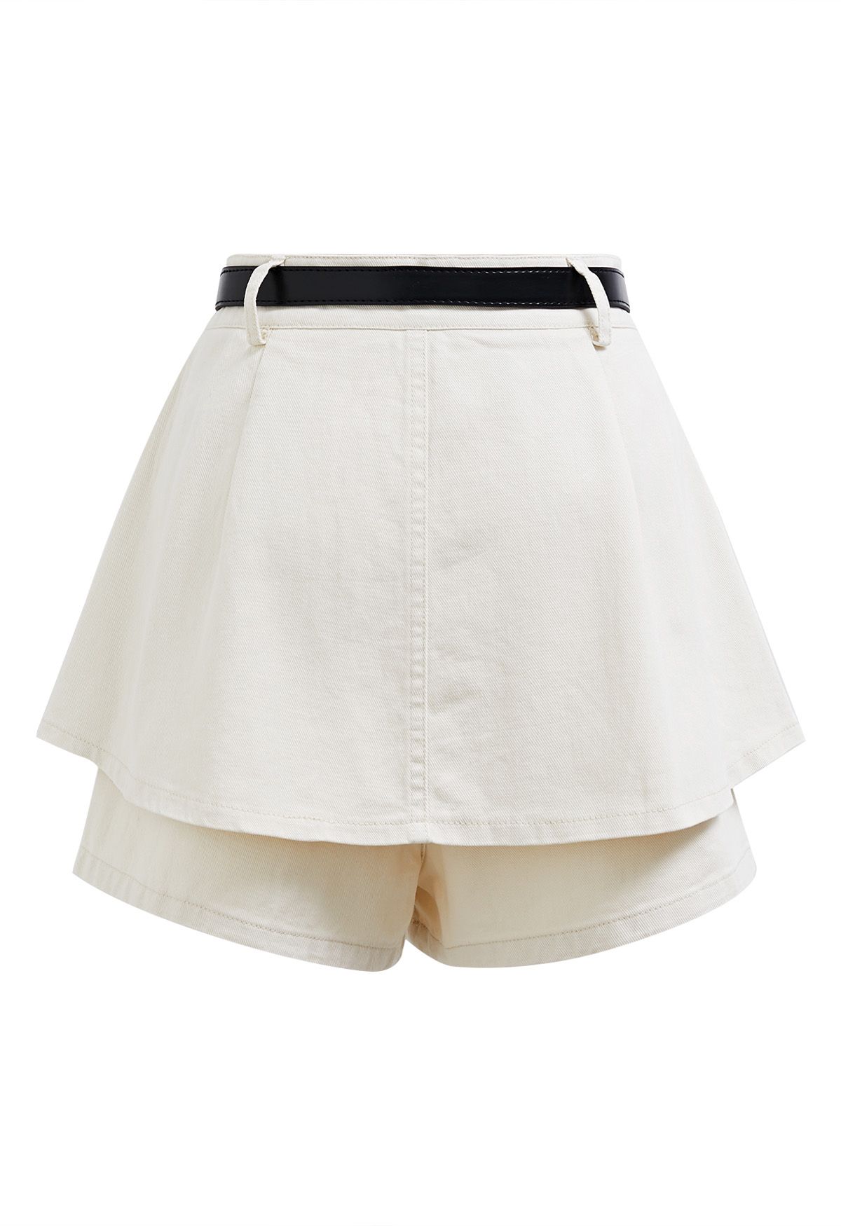 Front Pleated Belt Denim Mini Skorts in Ivory