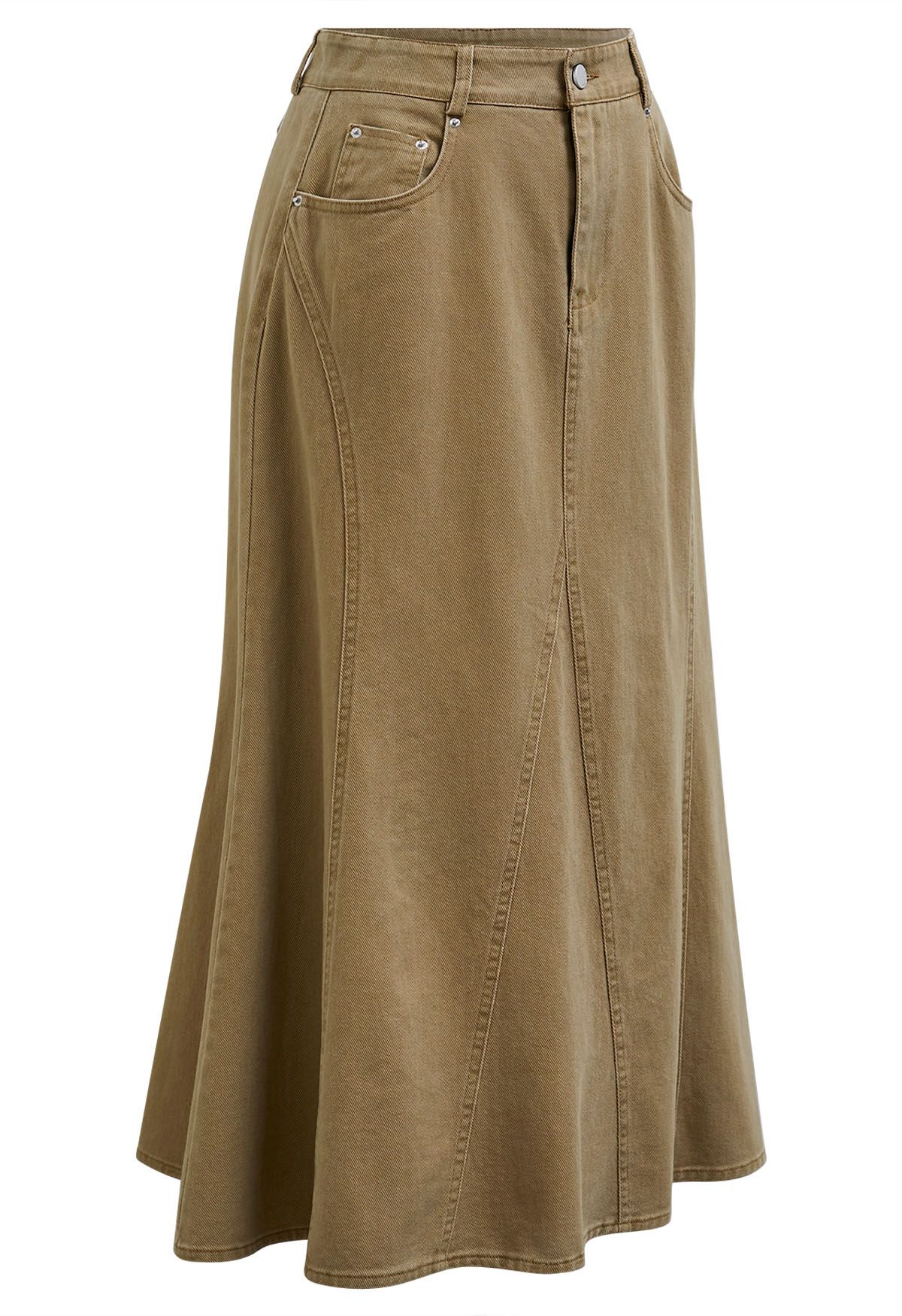 Seam Detailing Side Pockets Denim Skirt in Tan