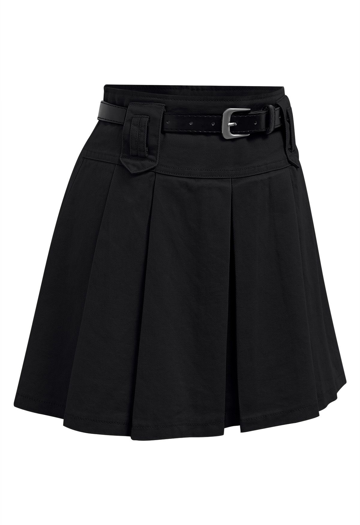 Classic Pleat Denim Mini Skirt with Belt in Black
