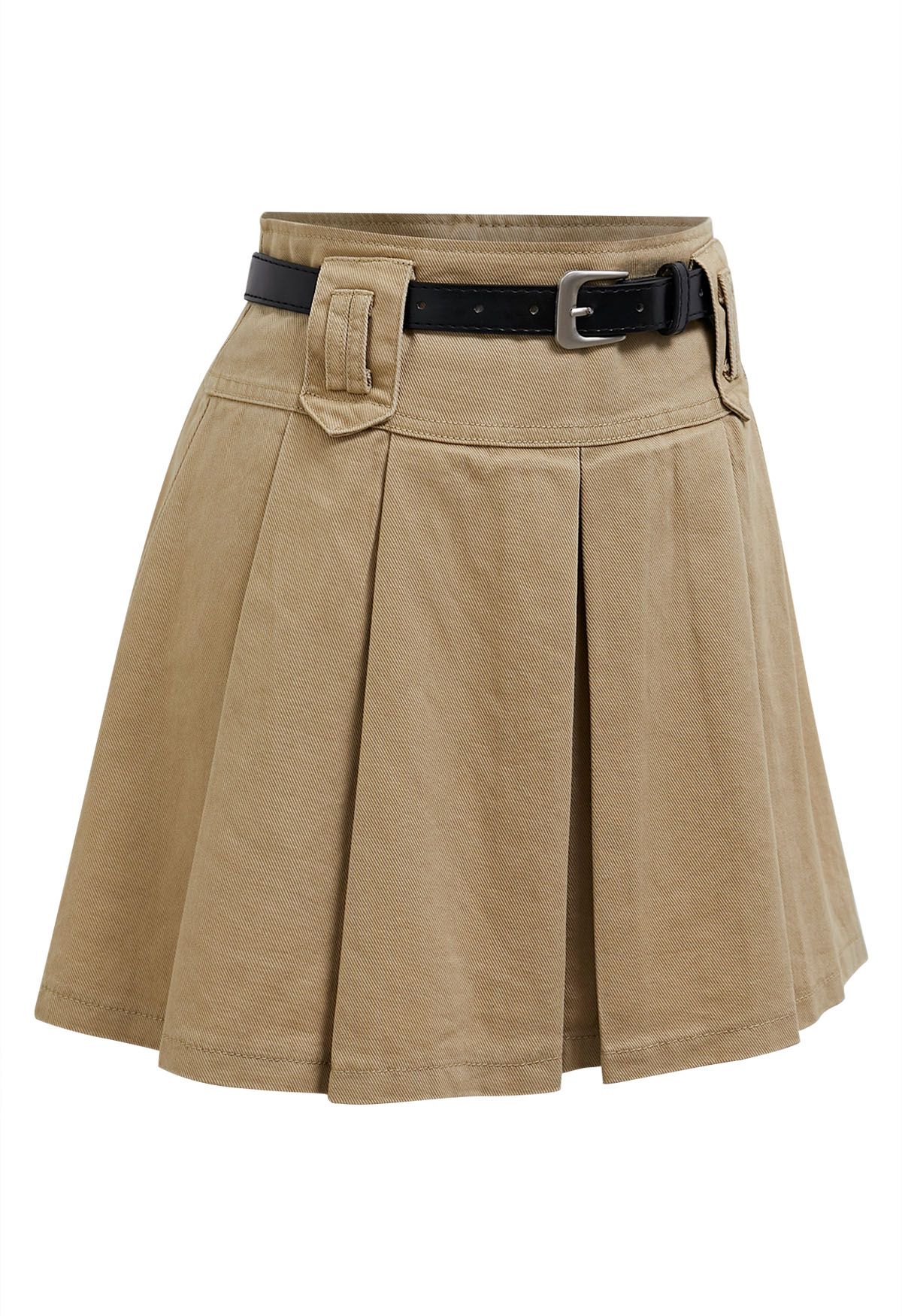 Classic Pleat Denim Mini Skirt with Belt in Light Tan