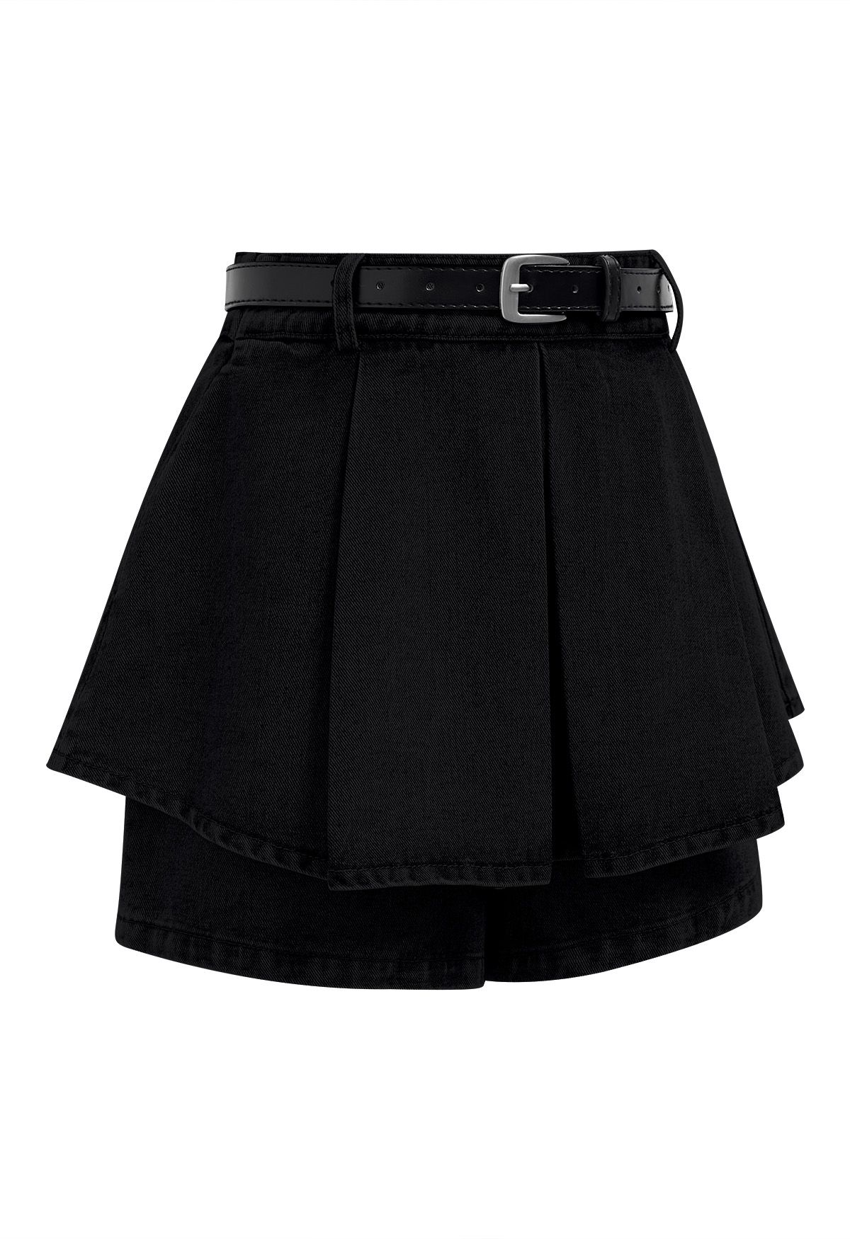 Front Pleated Belt Denim Mini Skorts in Black