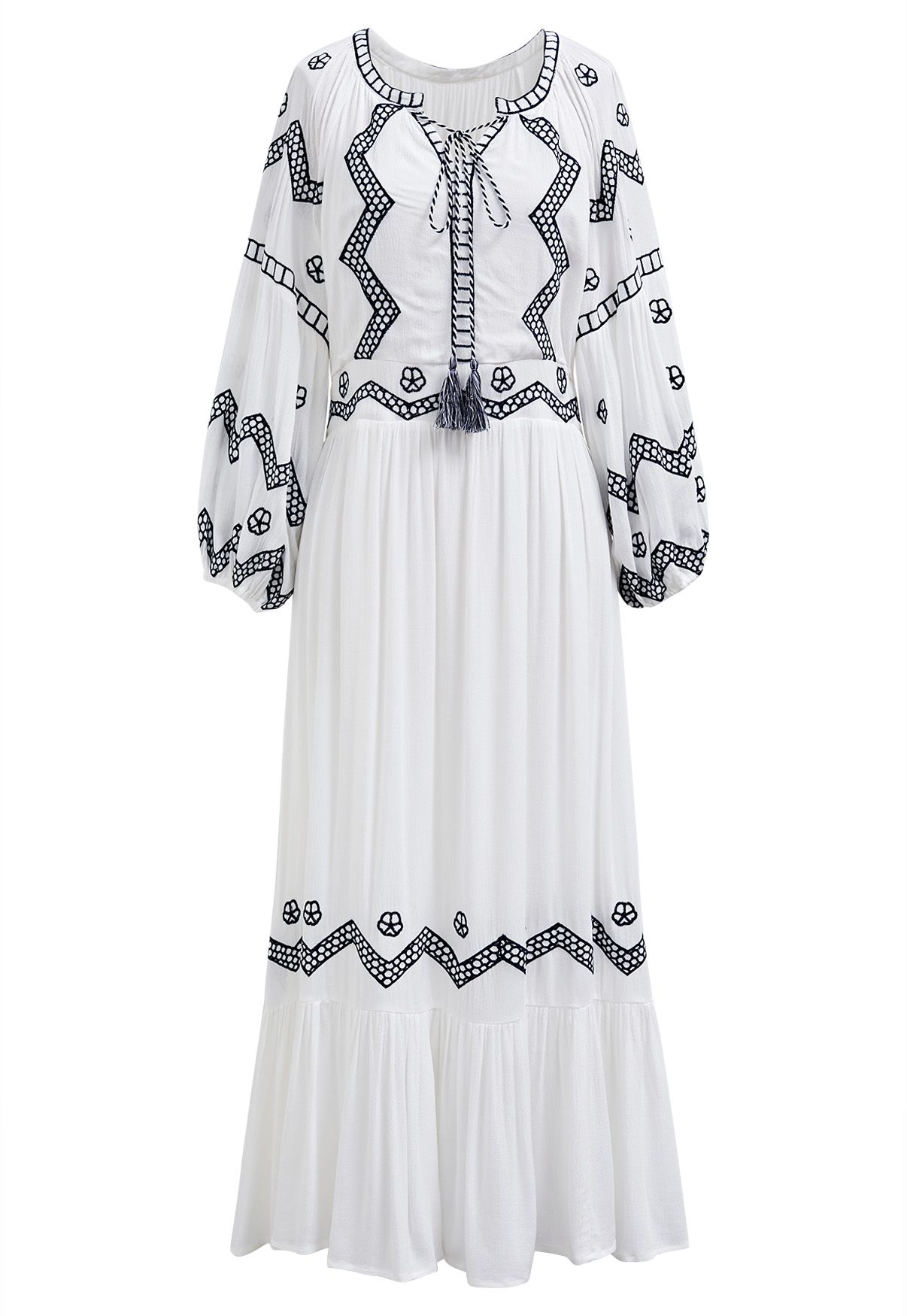 Geometric Embroidery Tassel String Midi Dress