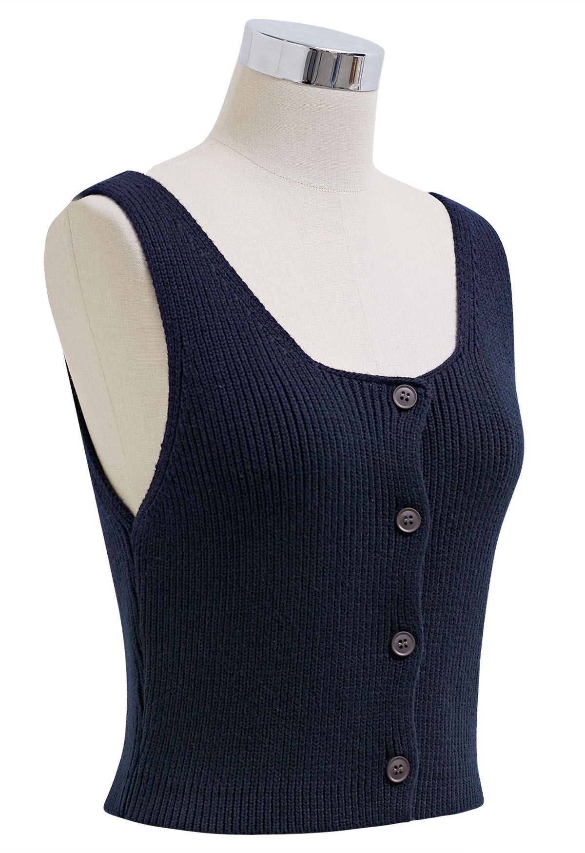 Button Down Sleeveless Knit Crop Top in Navy