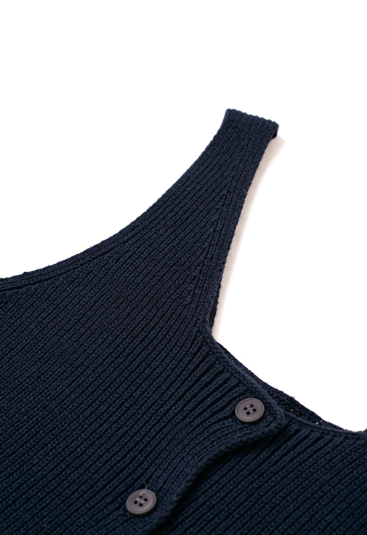 Button Down Sleeveless Knit Crop Top in Navy