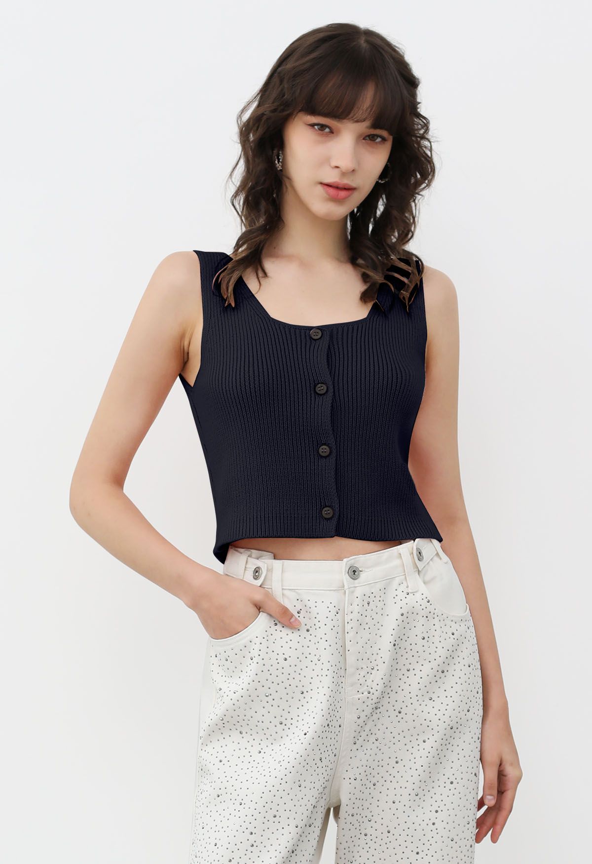 Button Down Sleeveless Knit Crop Top in Navy