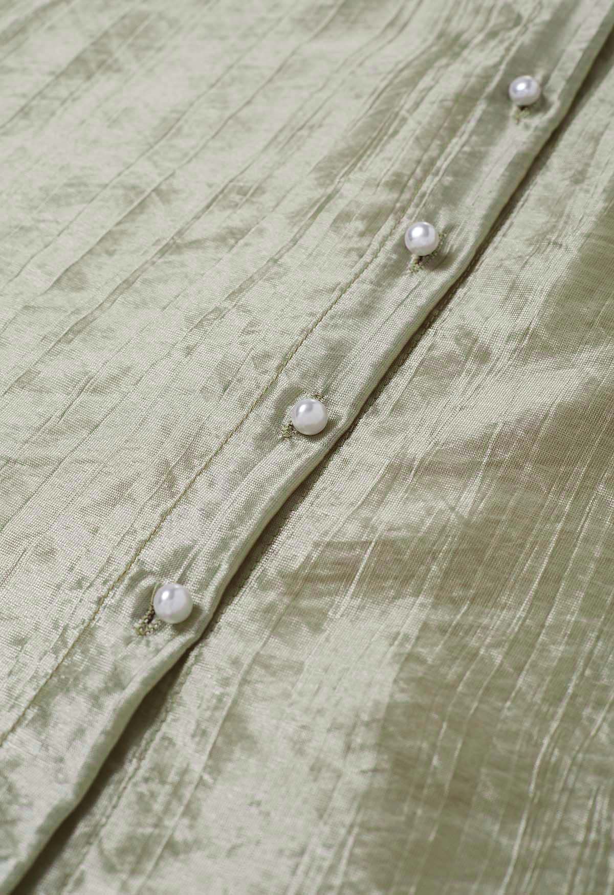 Texture Satin Self-Tie Bowknot Shirt in Moss Green