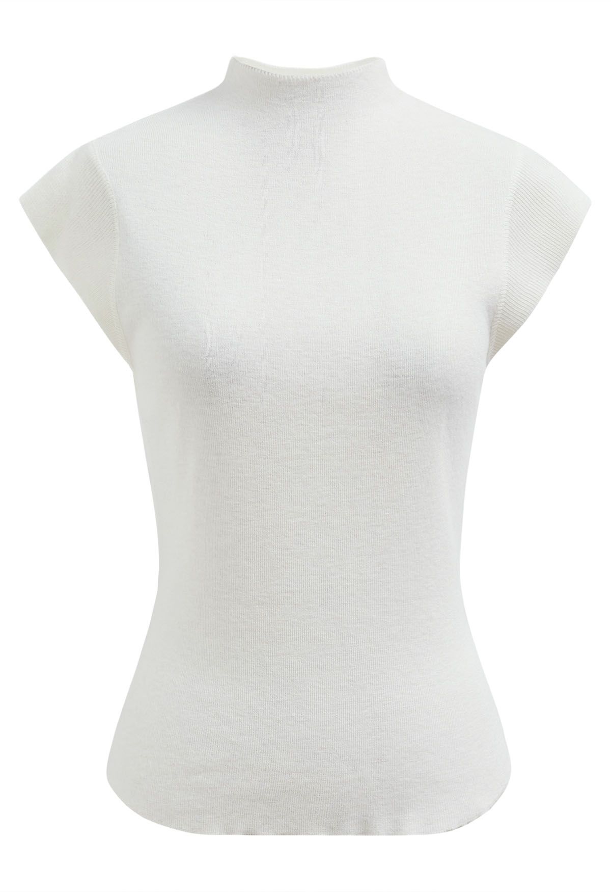 Back Drawstring Waist Mock Neck Knit Top in White